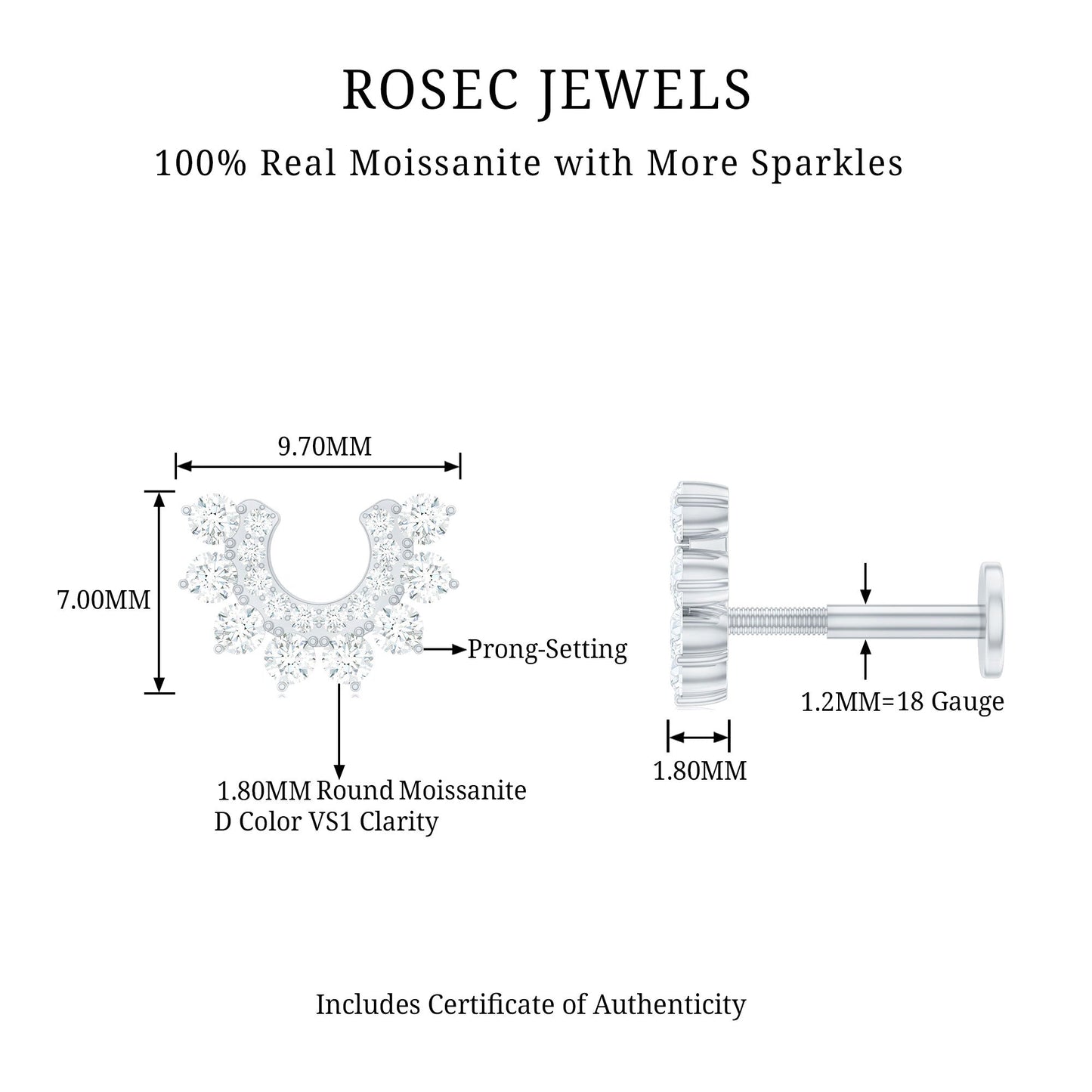 Certified Moissanite Cluster Curved Conch Earring