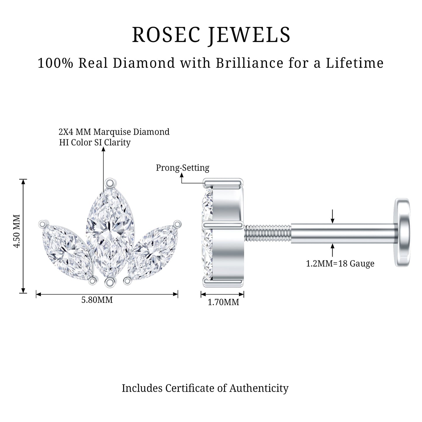 Marquise Cut Diamond Lotus Flower Earring for Helix Piercing