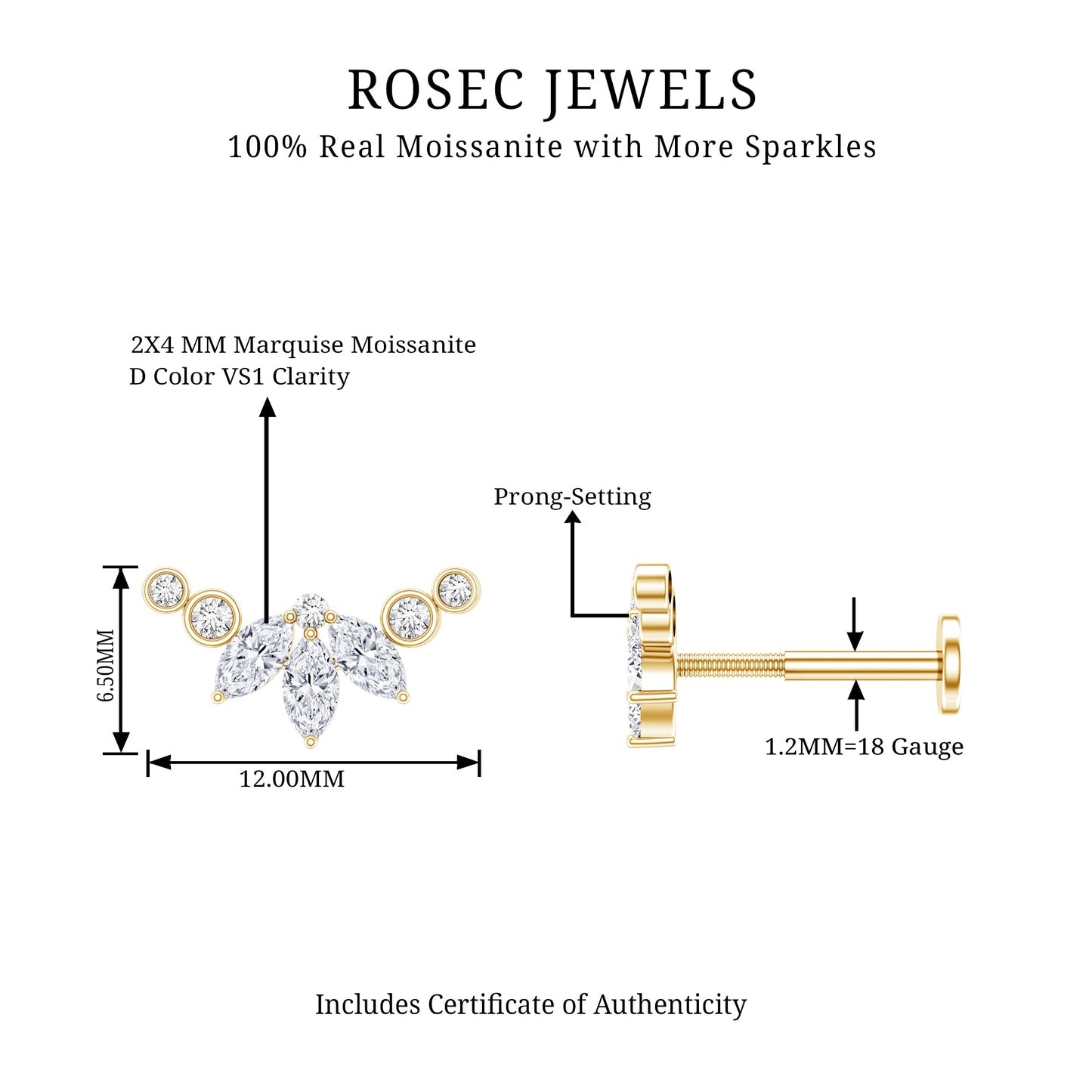 Marquise Moissanite Curved Crawler Earring for Helix Piercing
