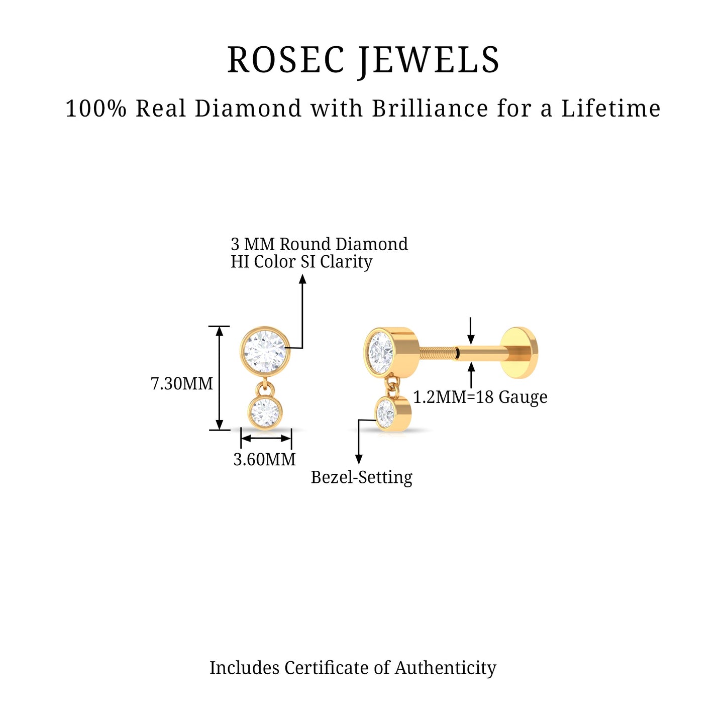 Certified Round Diamond Helix Drop Earring in Bezel Set