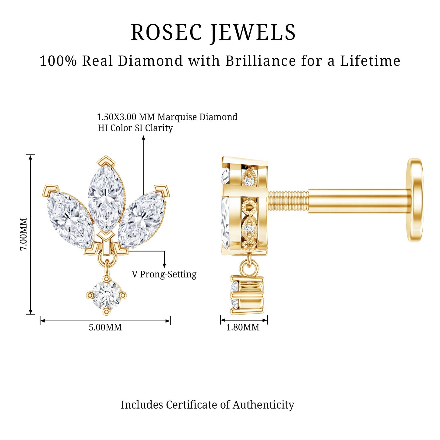 Real Diamond Lotus Flower Drop Earring for Cartilage Piercing