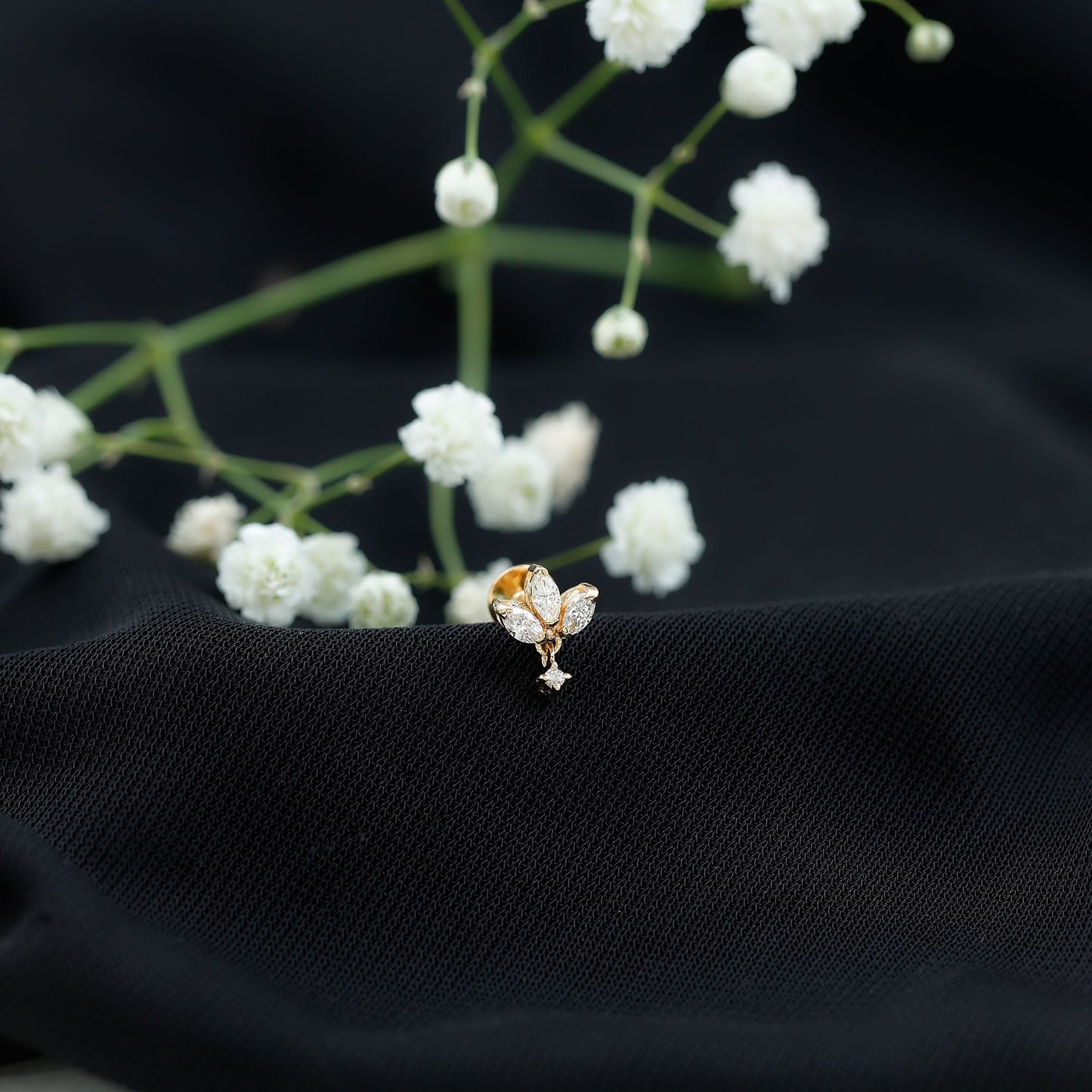 Real Diamond Lotus Flower Drop Earring for Cartilage Piercing