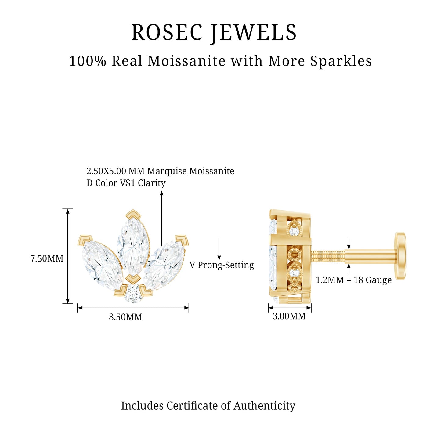 Certified Marquise Moissanite Lotus Flower Earring for Helix Piercing