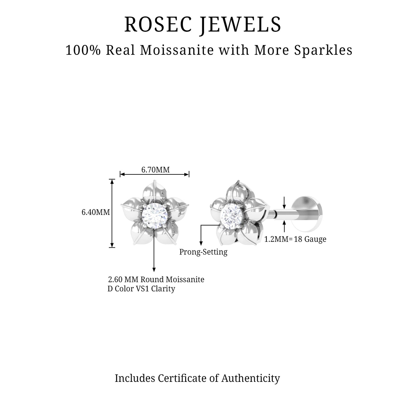 Round Moissanite Flower Earring for Helix Piercing