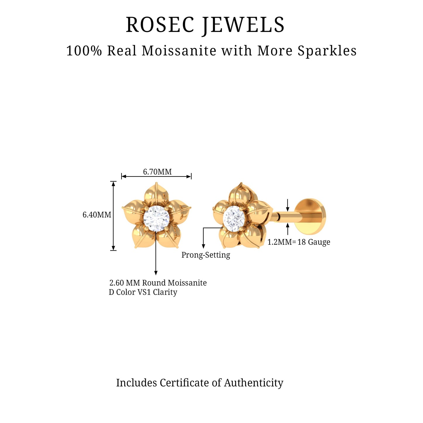Round Moissanite Flower Earring for Helix Piercing