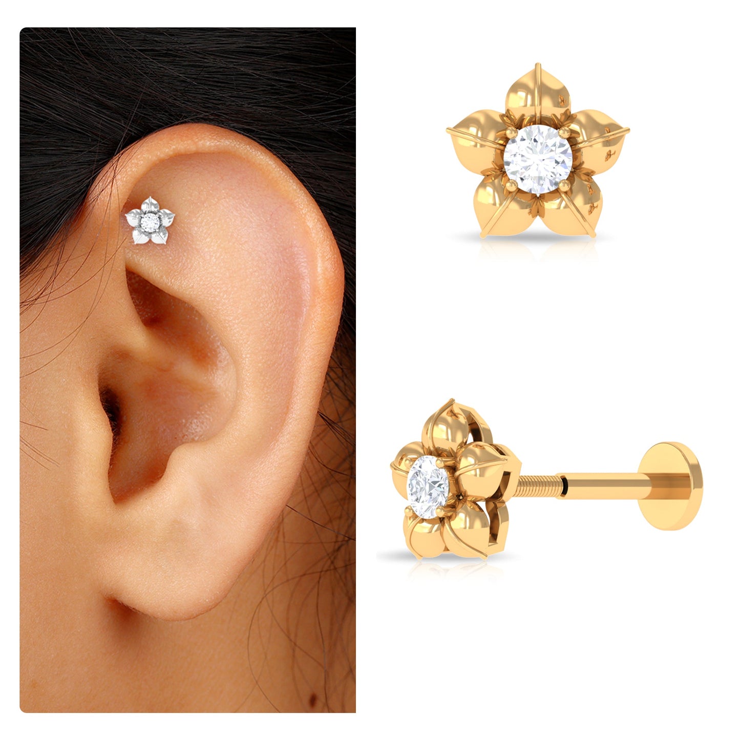 Round Moissanite Flower Earring for Helix Piercing