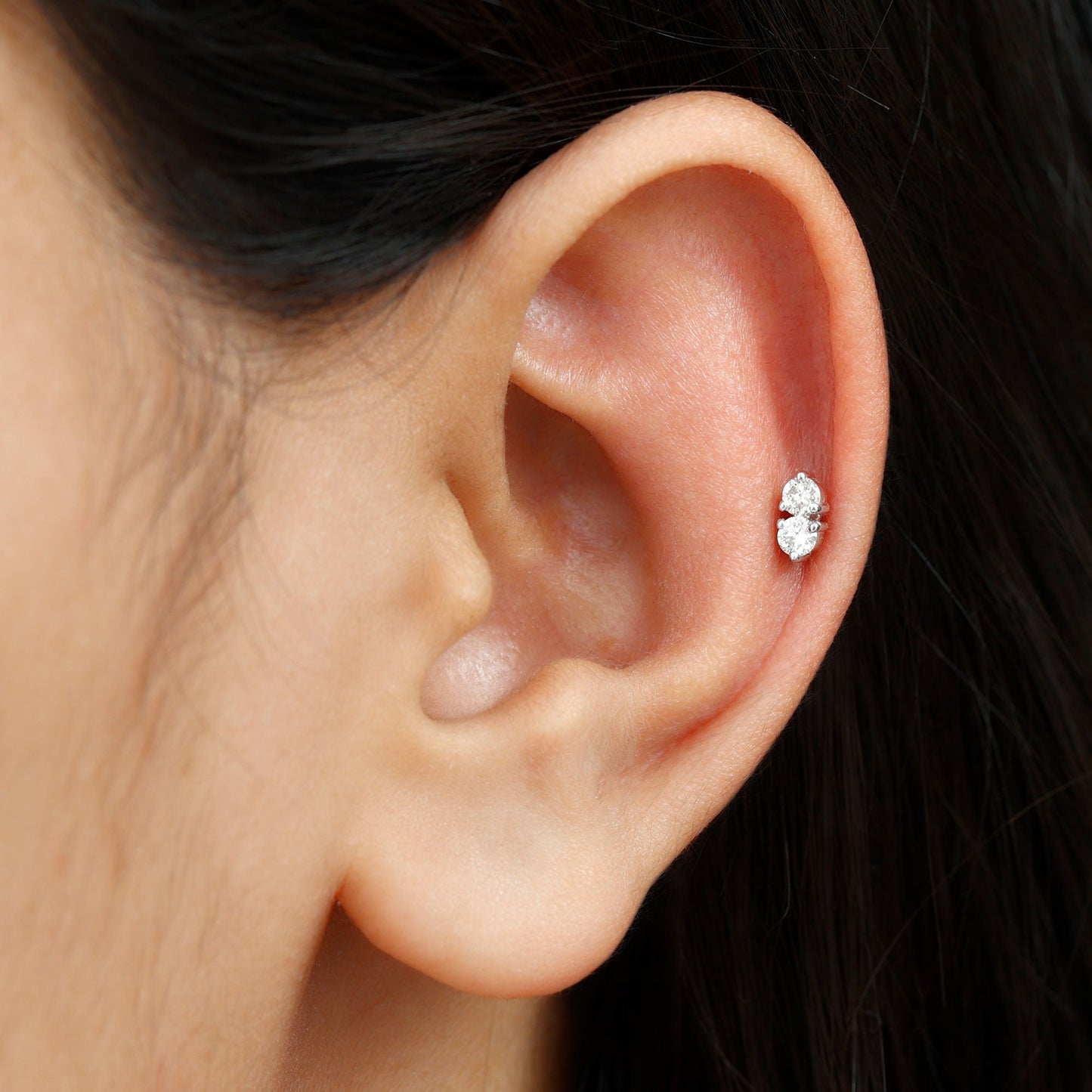 Natural Diamond 2 Stone Earring for Tragus Piercing