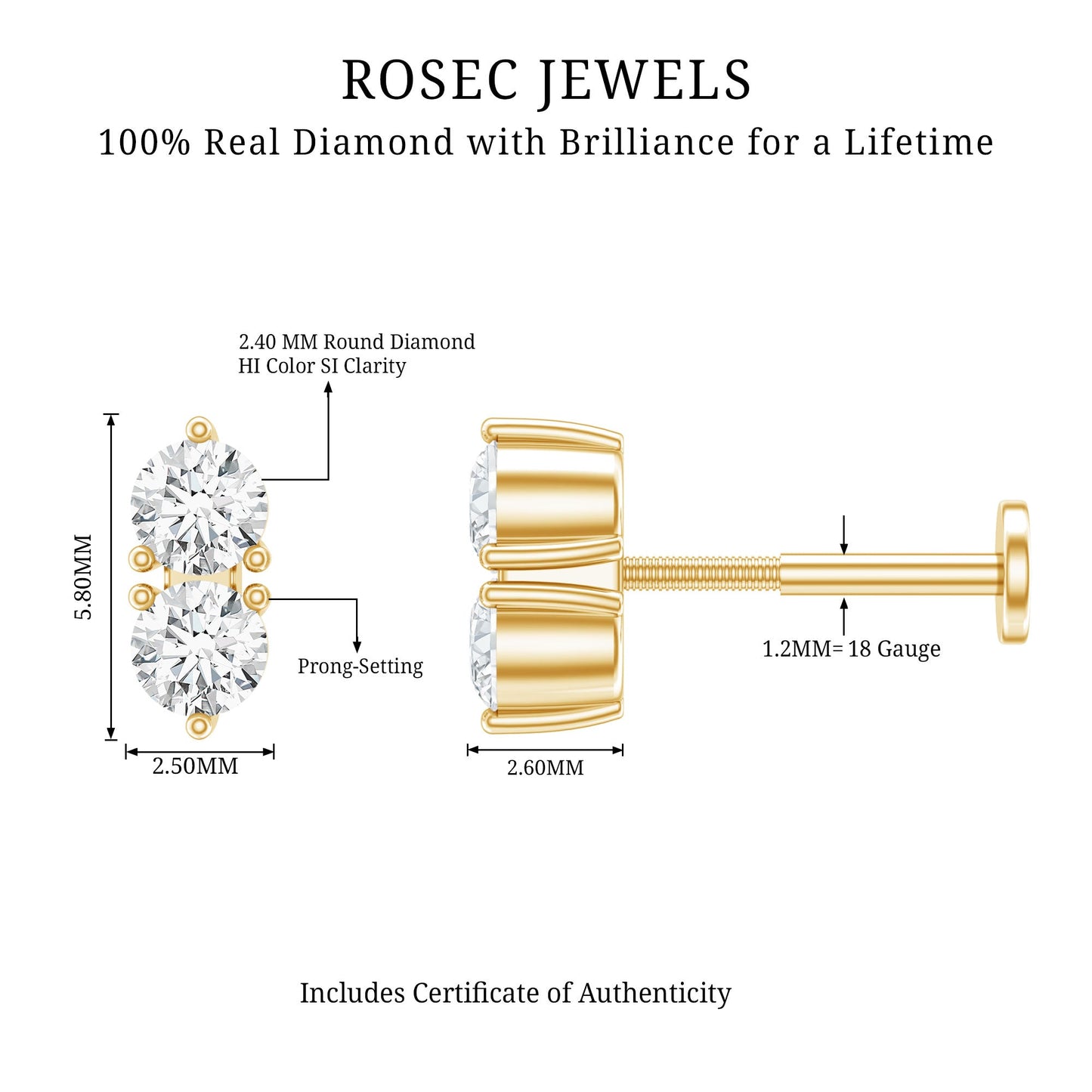 Natural Diamond 2 Stone Earring for Tragus Piercing