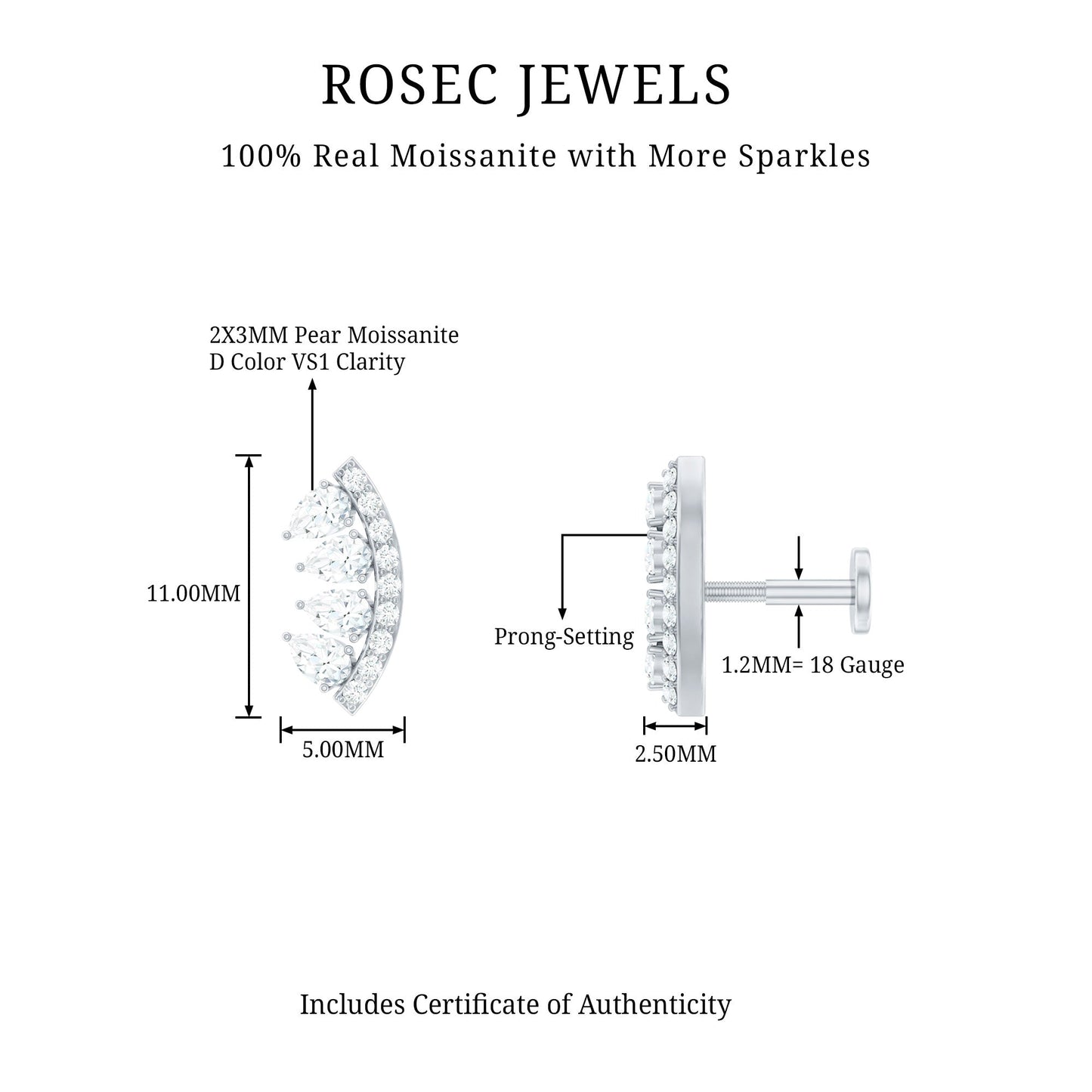Pear and Round Moissanite Curved Cartilage Earring