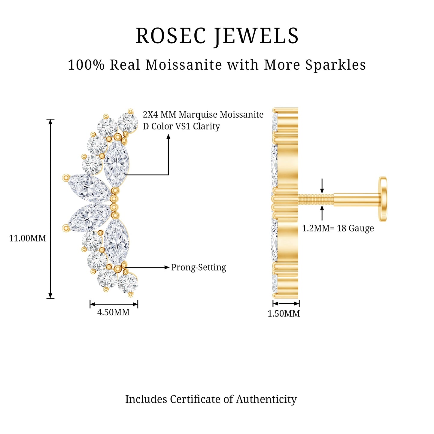 Certified Moissanite Cluster Crawler Earring for Helix Piercing