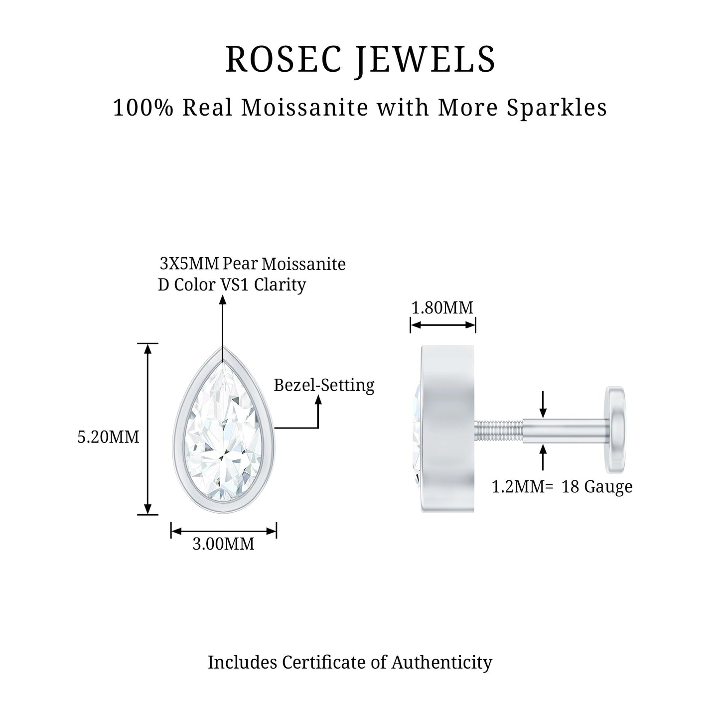 Bezel Set Moissanite Teardrop Stud Earring for Cartilage Piercing