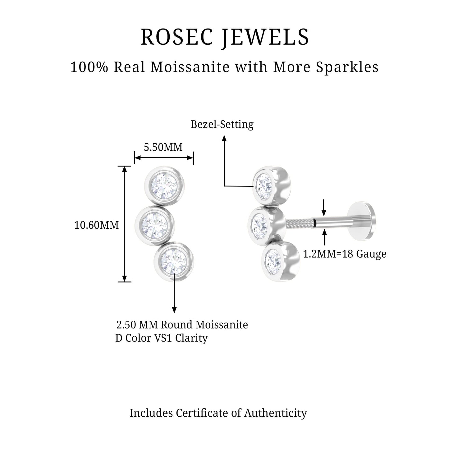 Bezel Set Moissanite Three Stone Crawler Earring