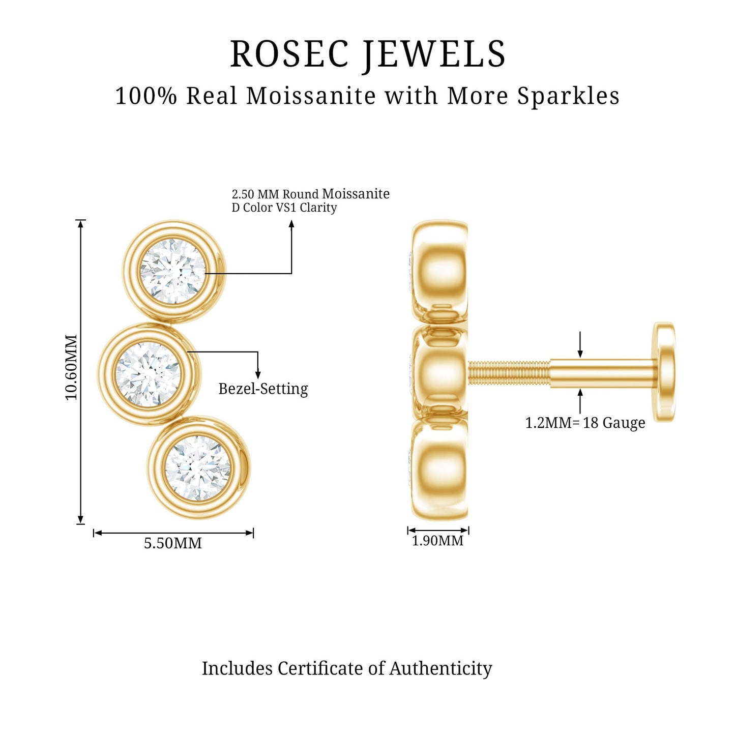 Bezel Set Moissanite Three Stone Crawler Earring