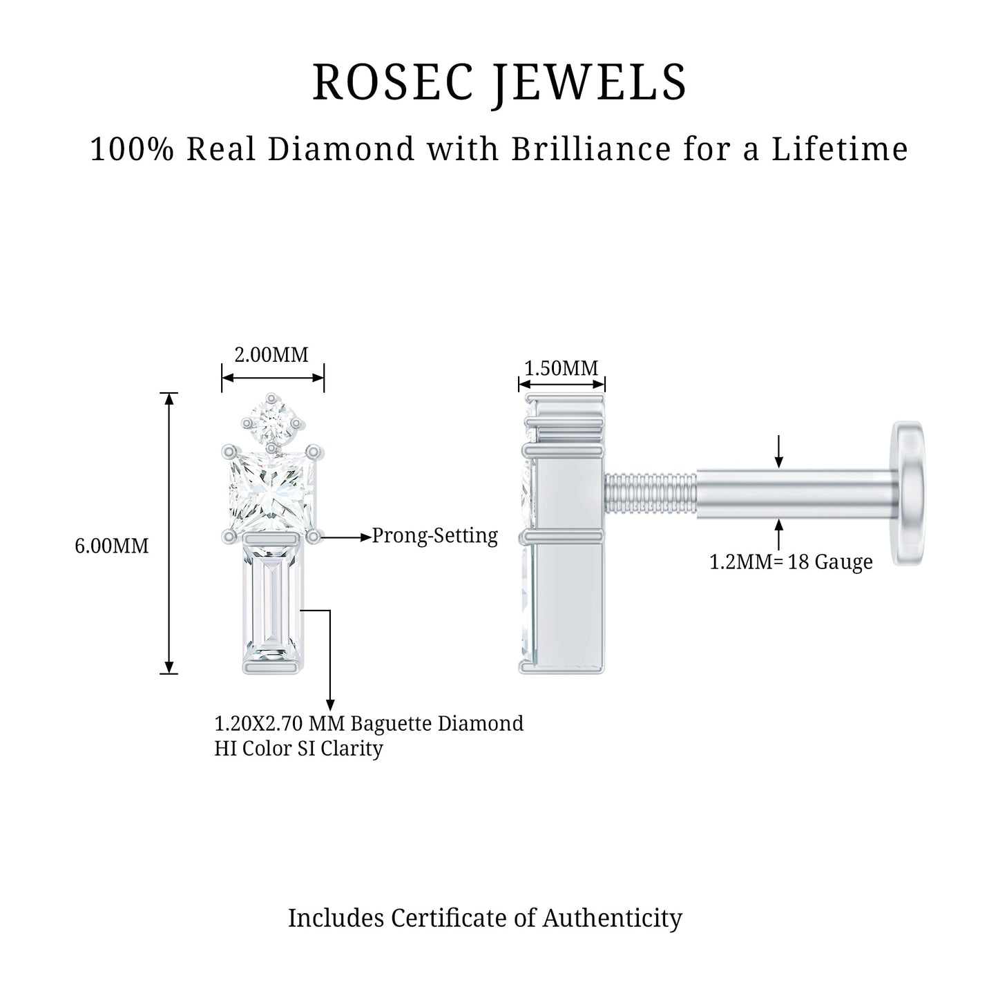 Genuine Diamond Three Stone Bar Tragus Earring