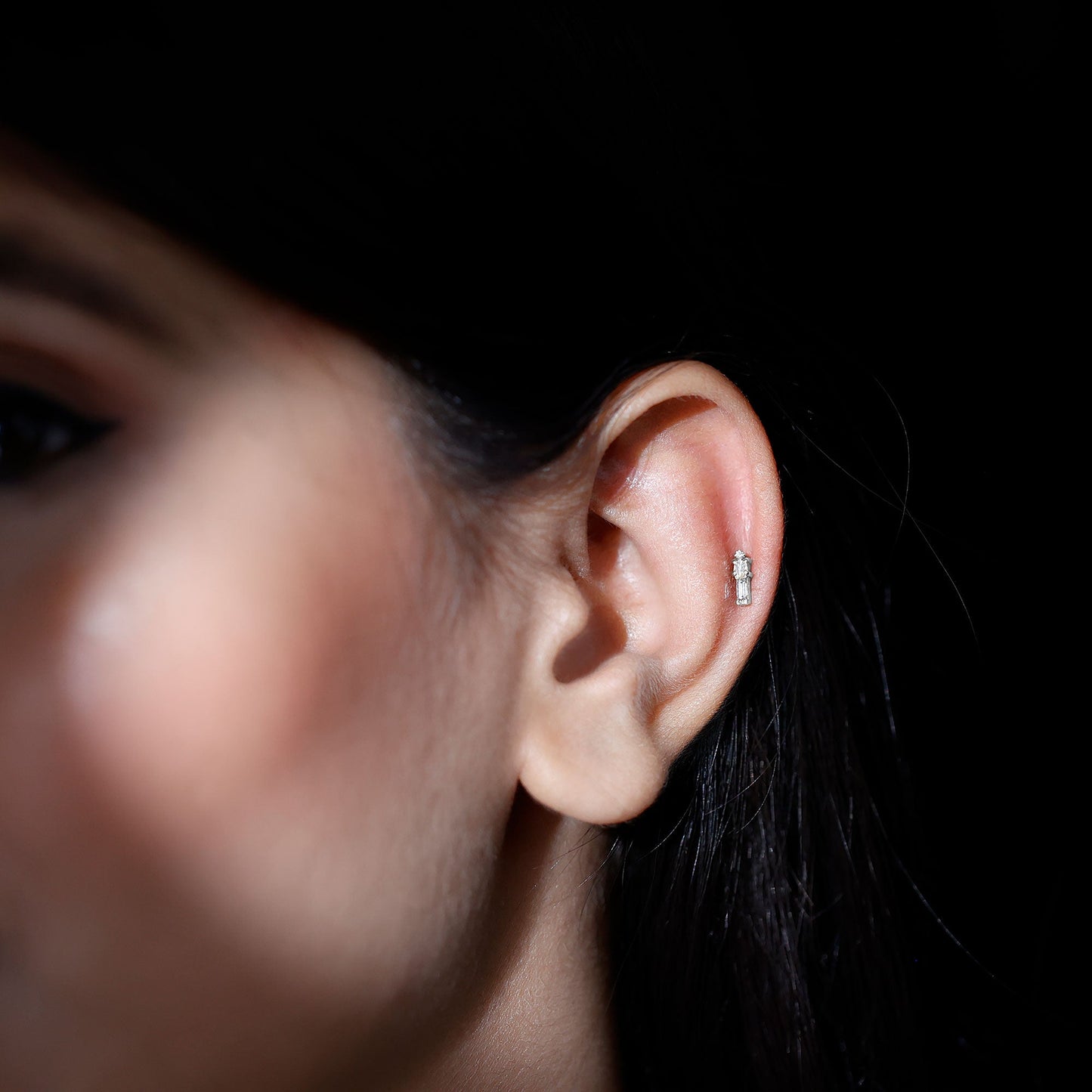 Genuine Diamond Three Stone Bar Tragus Earring
