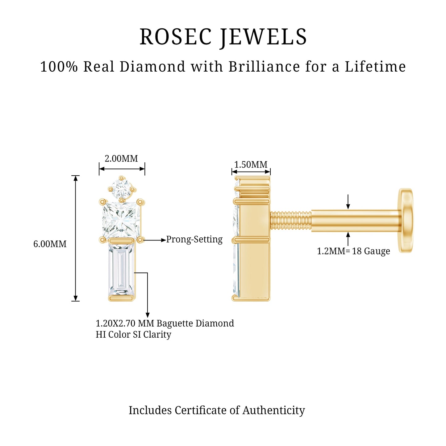 Genuine Diamond Three Stone Bar Tragus Earring