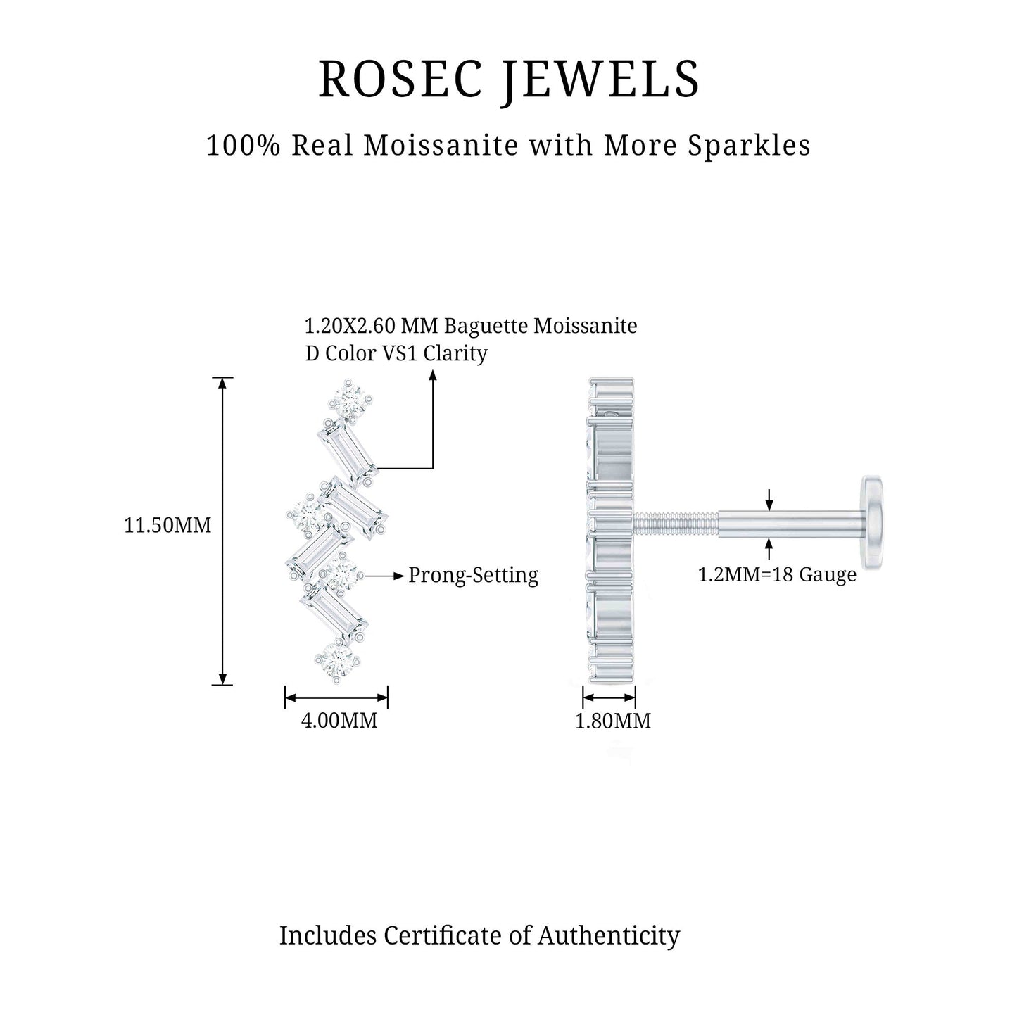 Baguette and Round Moissanite Cartilage Earring With Certificate