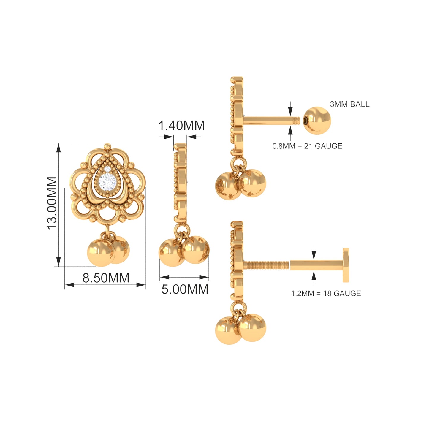 Antique Moissanite Drop Earring for Cartilage Piercing