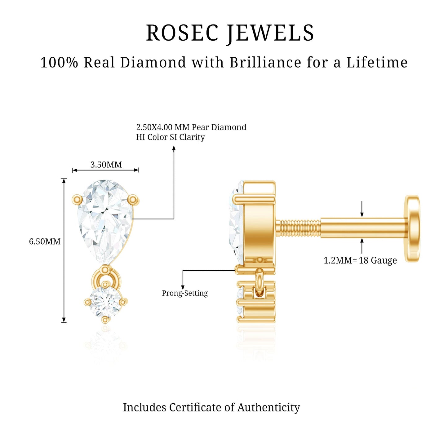 Pear Diamond Drop Earring for Helix Piercing