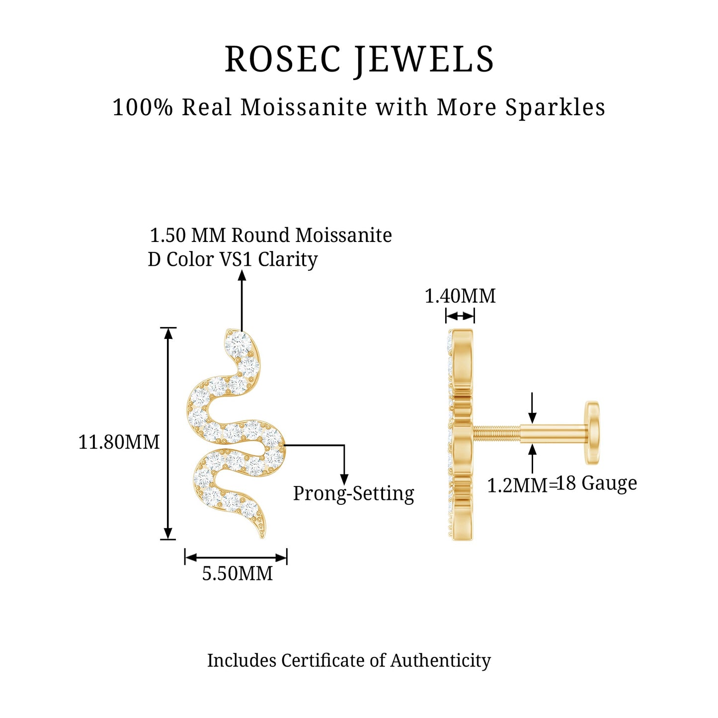 Unique Moissanite Snake Crawler Cartilage Earring
