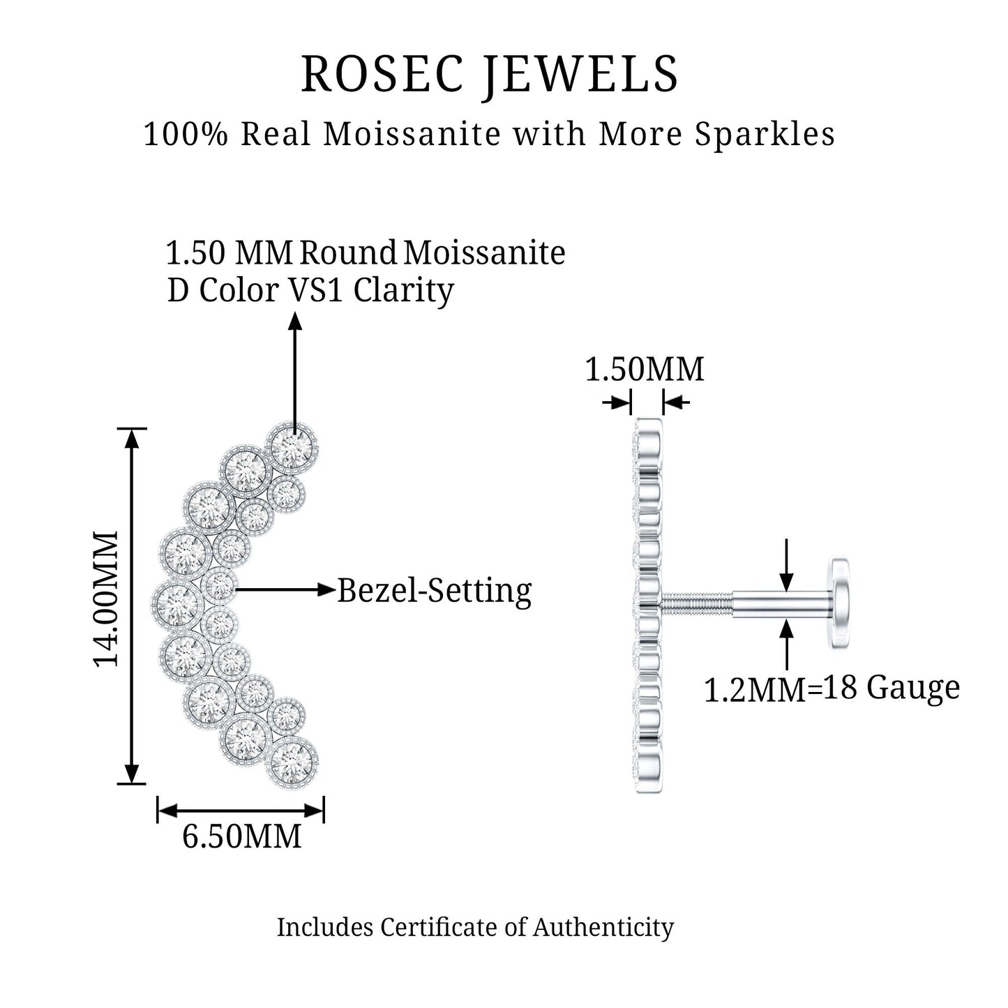 Moissanite Curved Helix Earring in Milgrain Bezel Setting