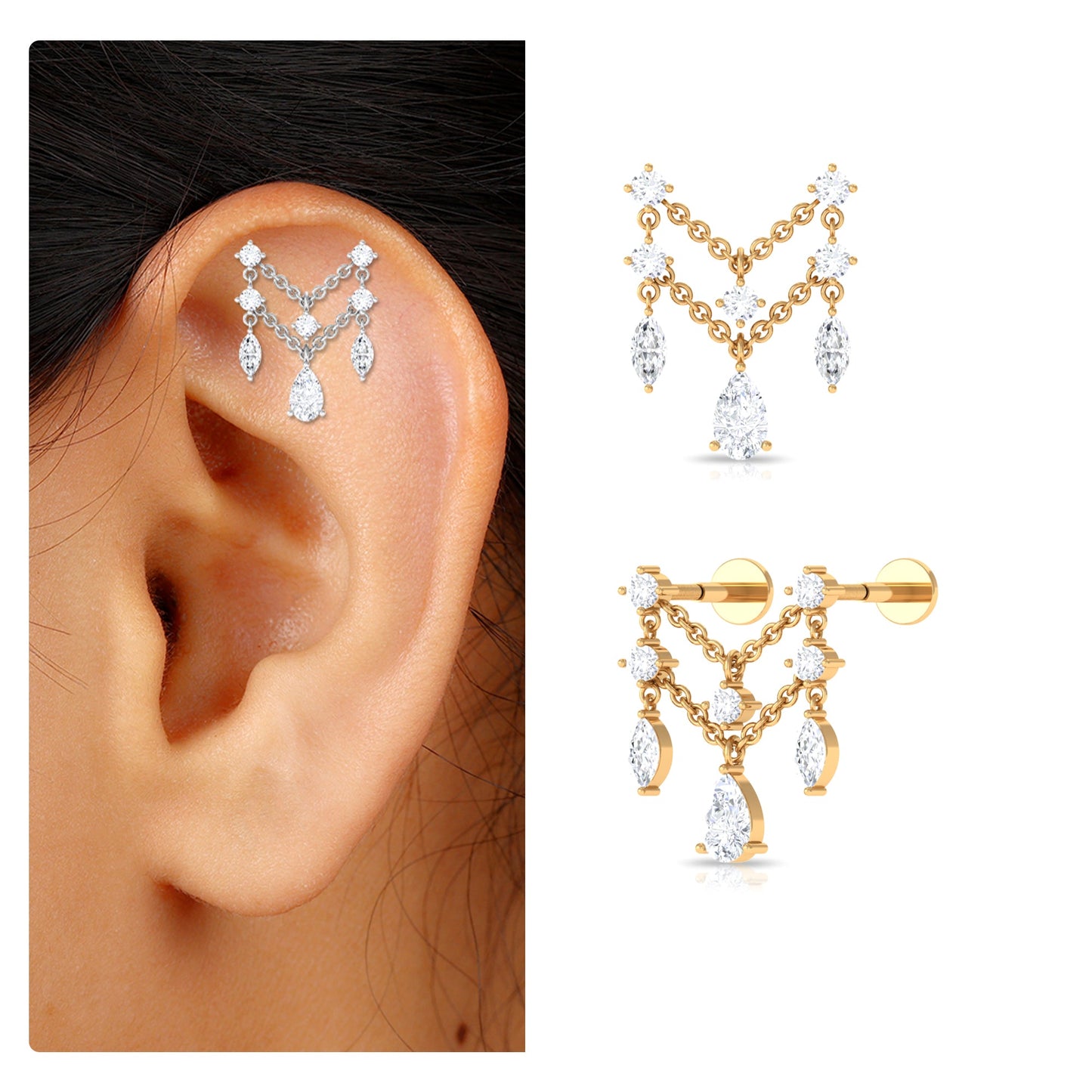 Pear Moissanite Double Chain Earring for Cartilage Piercing