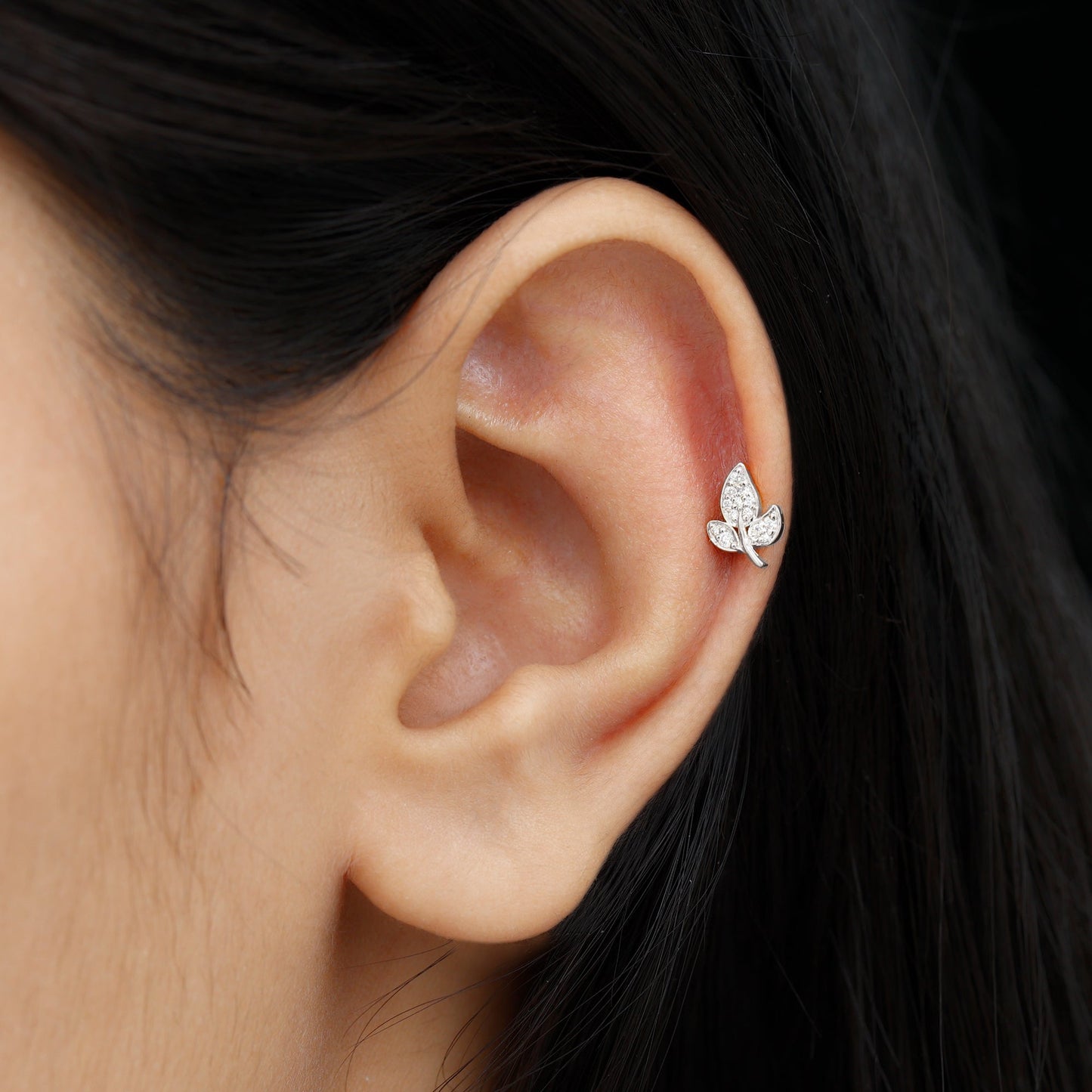 Dainty Moissanite Leaf Earring for Cartilage Piercing