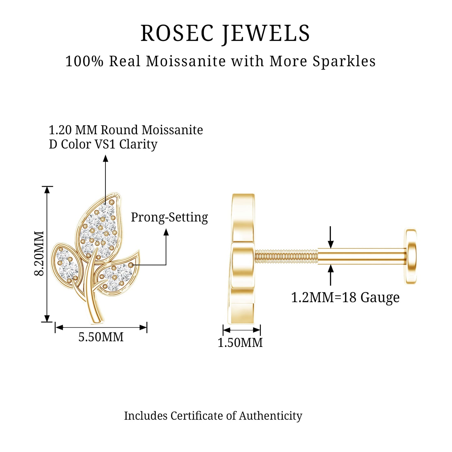 Dainty Moissanite Leaf Earring for Cartilage Piercing
