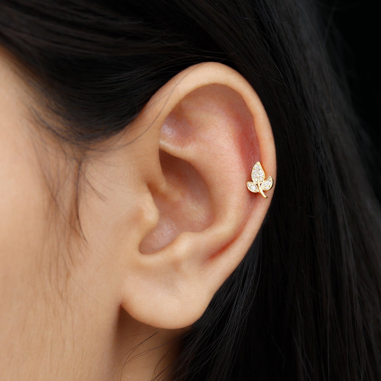 Dainty Moissanite Leaf Earring for Cartilage Piercing