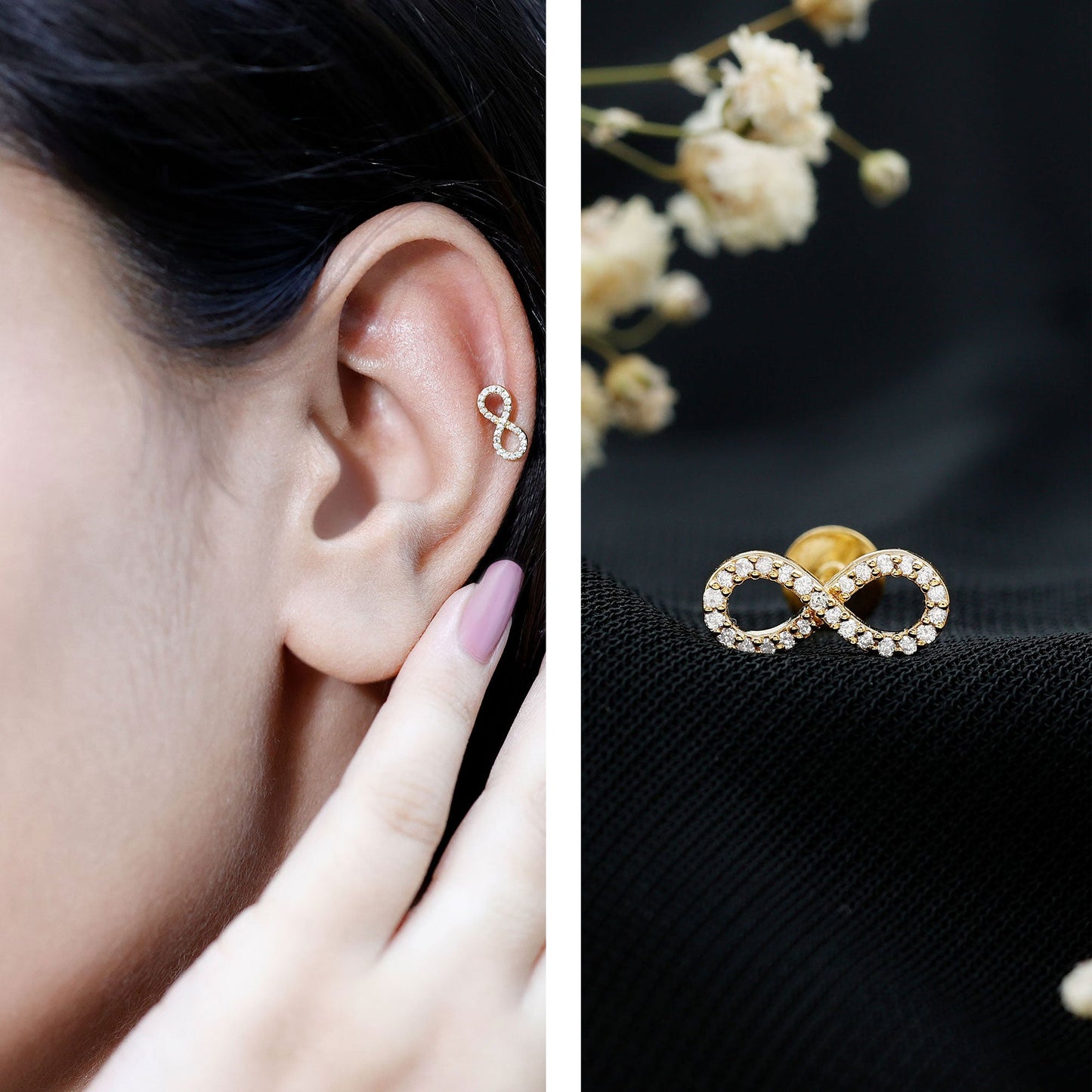 Round Diamond Infinity Earring for Cartilage Piercing