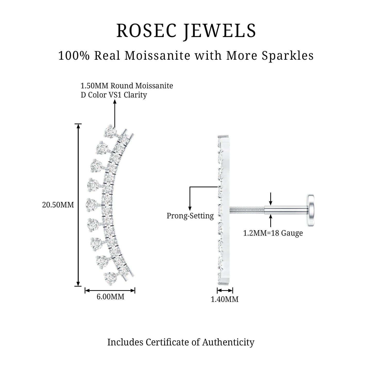 Certified Moissanite Curved Crawler Earring