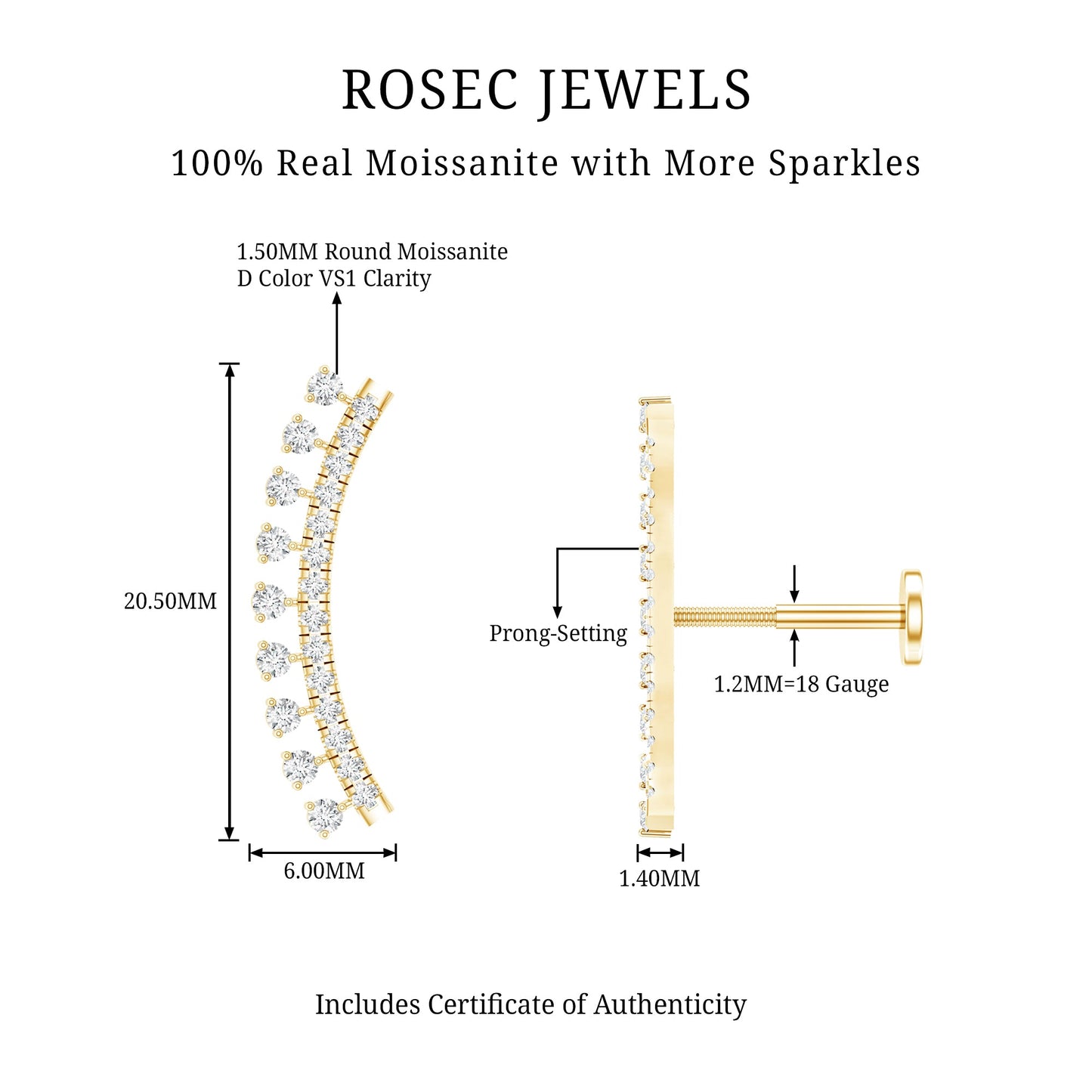 Certified Moissanite Curved Crawler Earring