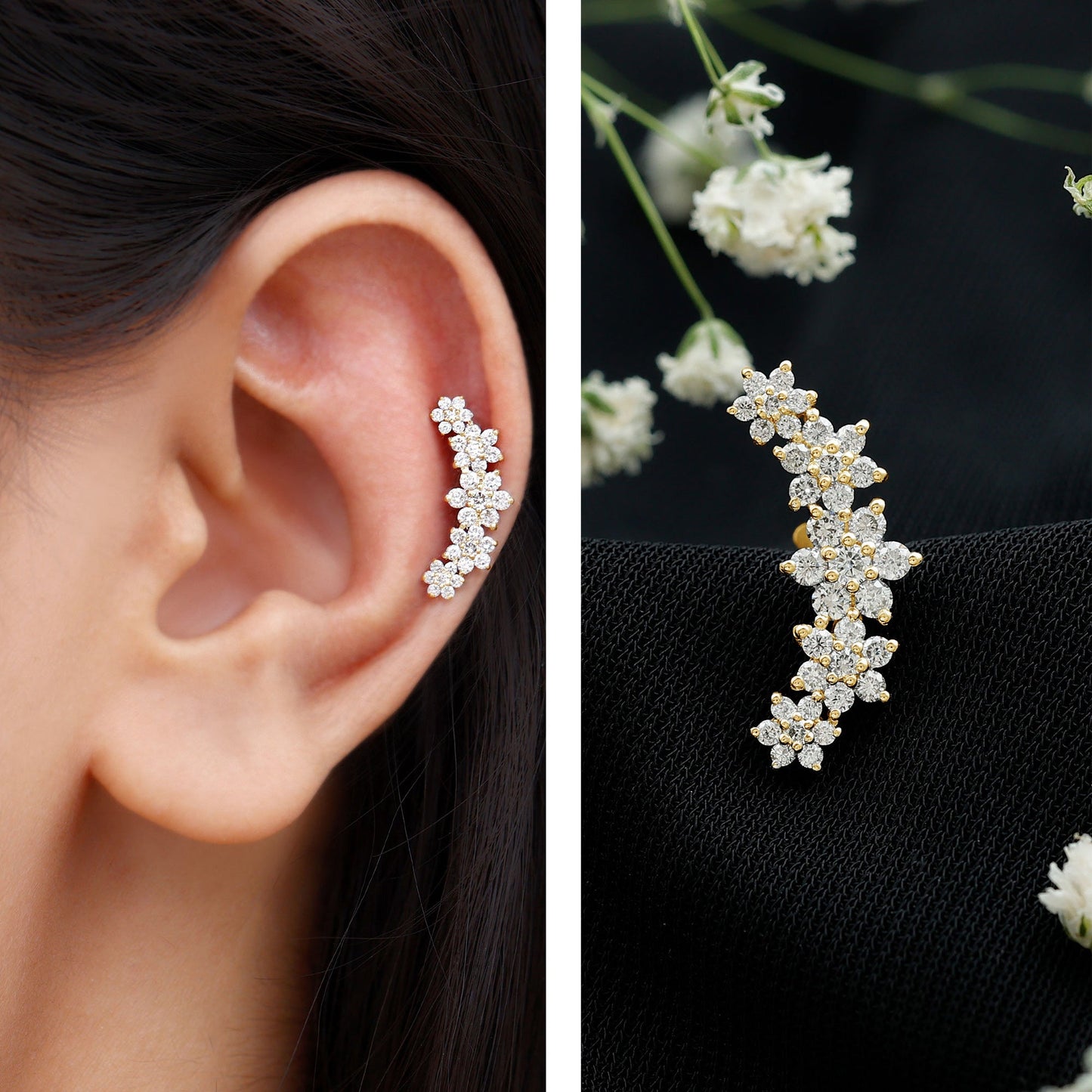 Diamond Flower Ear Crawler Earring