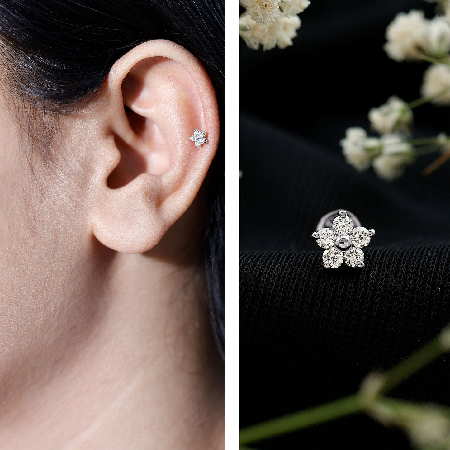 Certified Round Moissanite Flower Earring for Conch Piercing