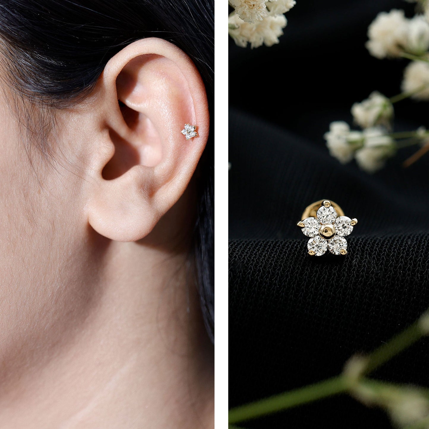 Certified Round Moissanite Flower Earring for Conch Piercing