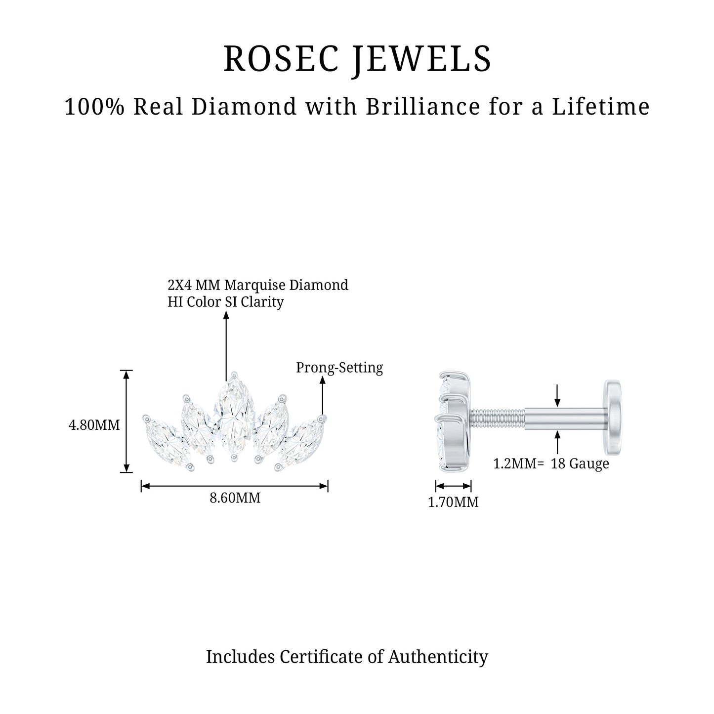 Certified Marquise Cut Diamond Helix Earring for Women