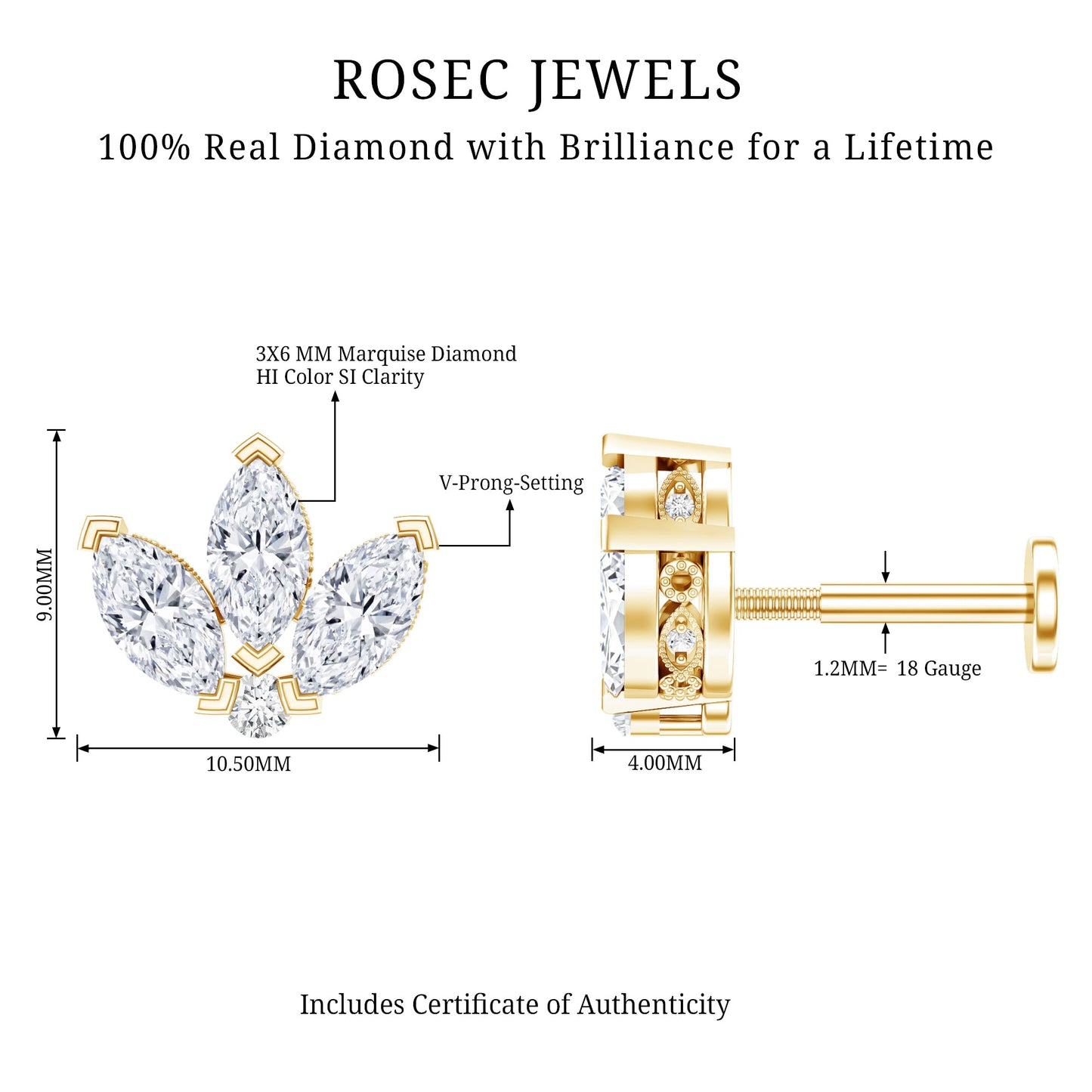 Marquise Diamond Lotus Flower Earring for Helix Piercing