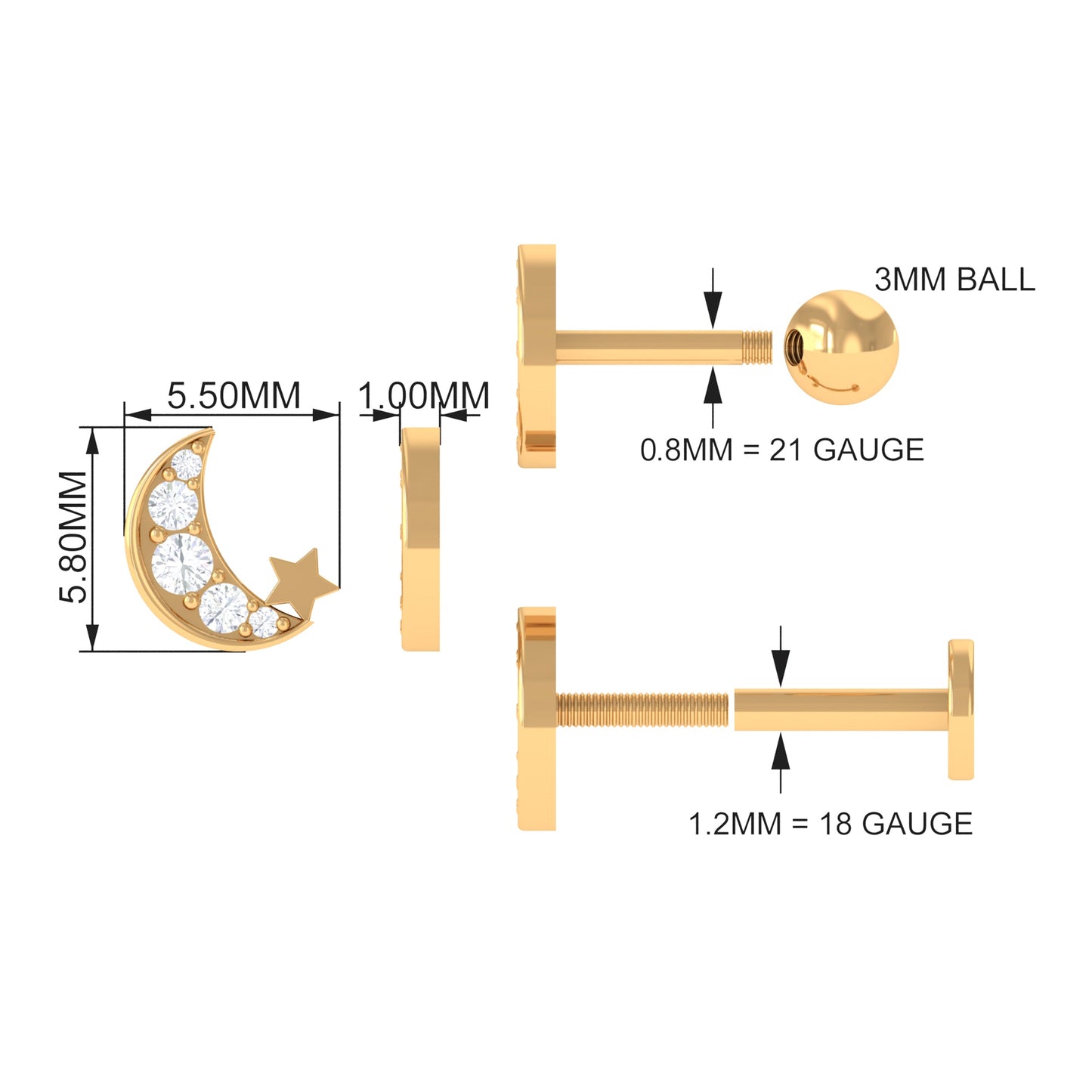 Real Diamond Moon Star Earring for Cartilage Piercing