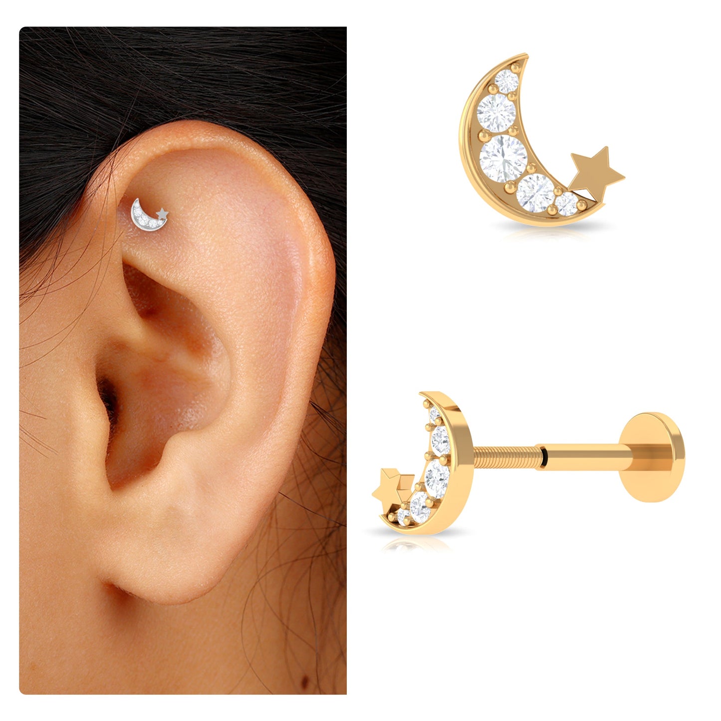 Real Diamond Moon Star Earring for Cartilage Piercing