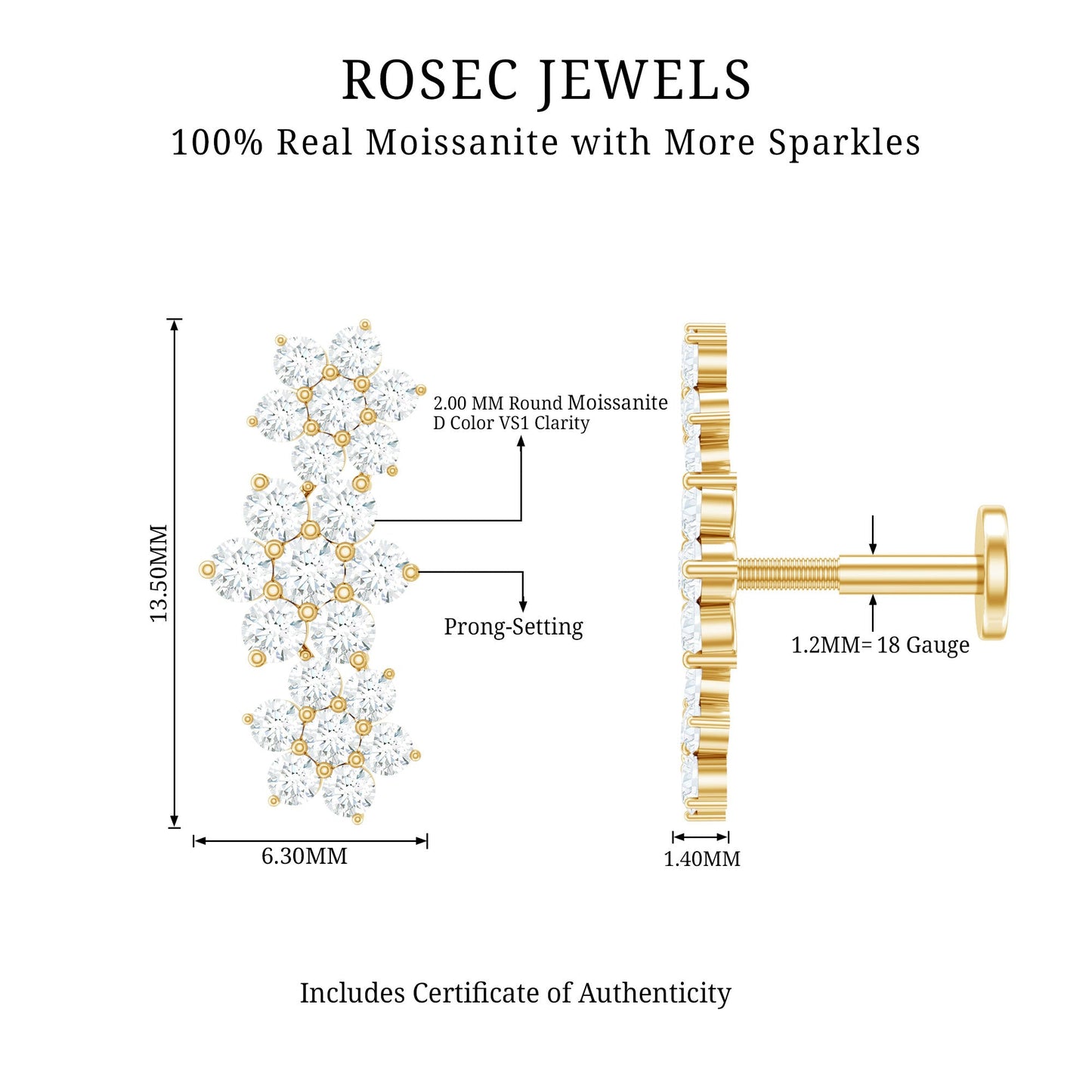 Certified Moissanite Flower Ear Climber Earring