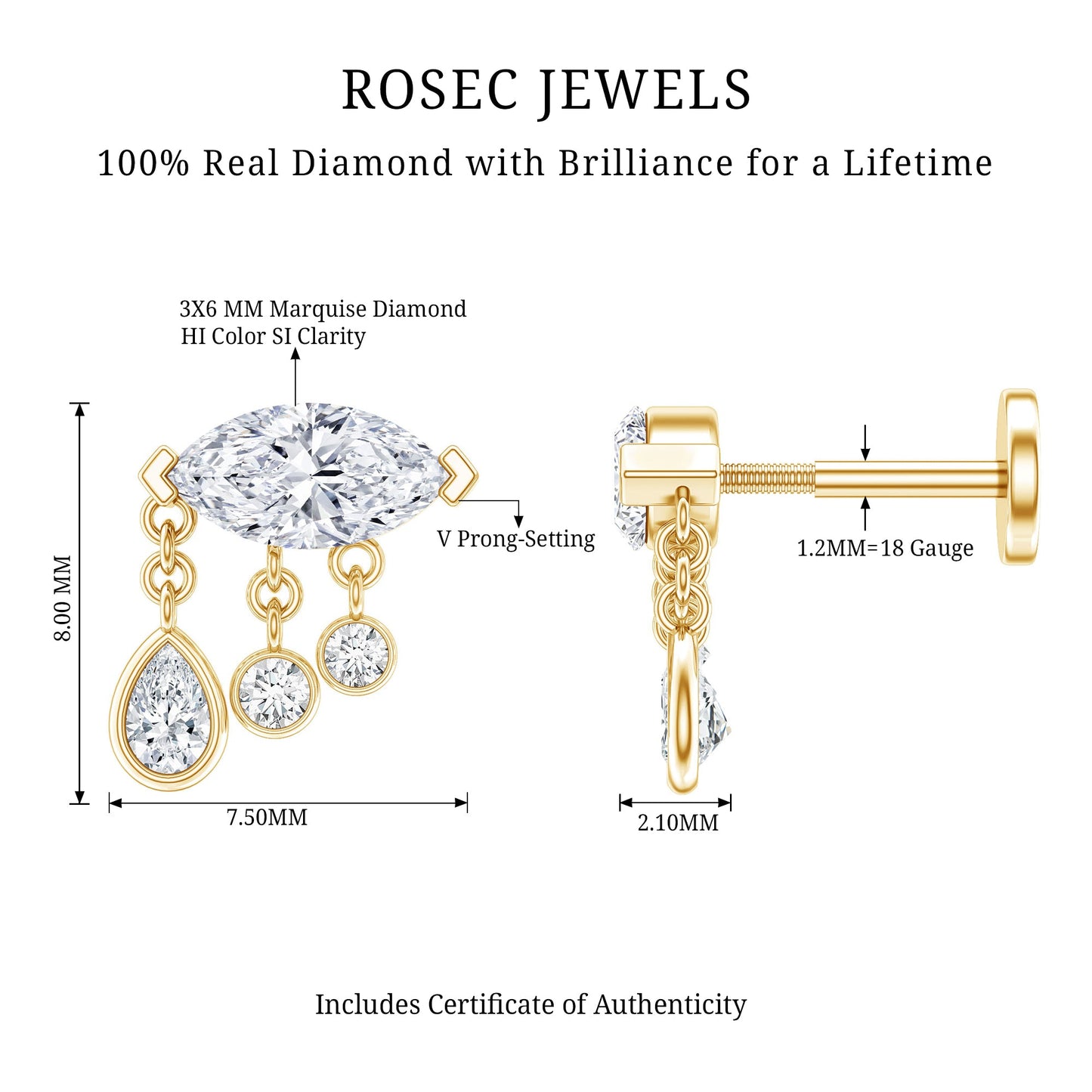 Marquise Diamond Drop Earring for Helix Piercing