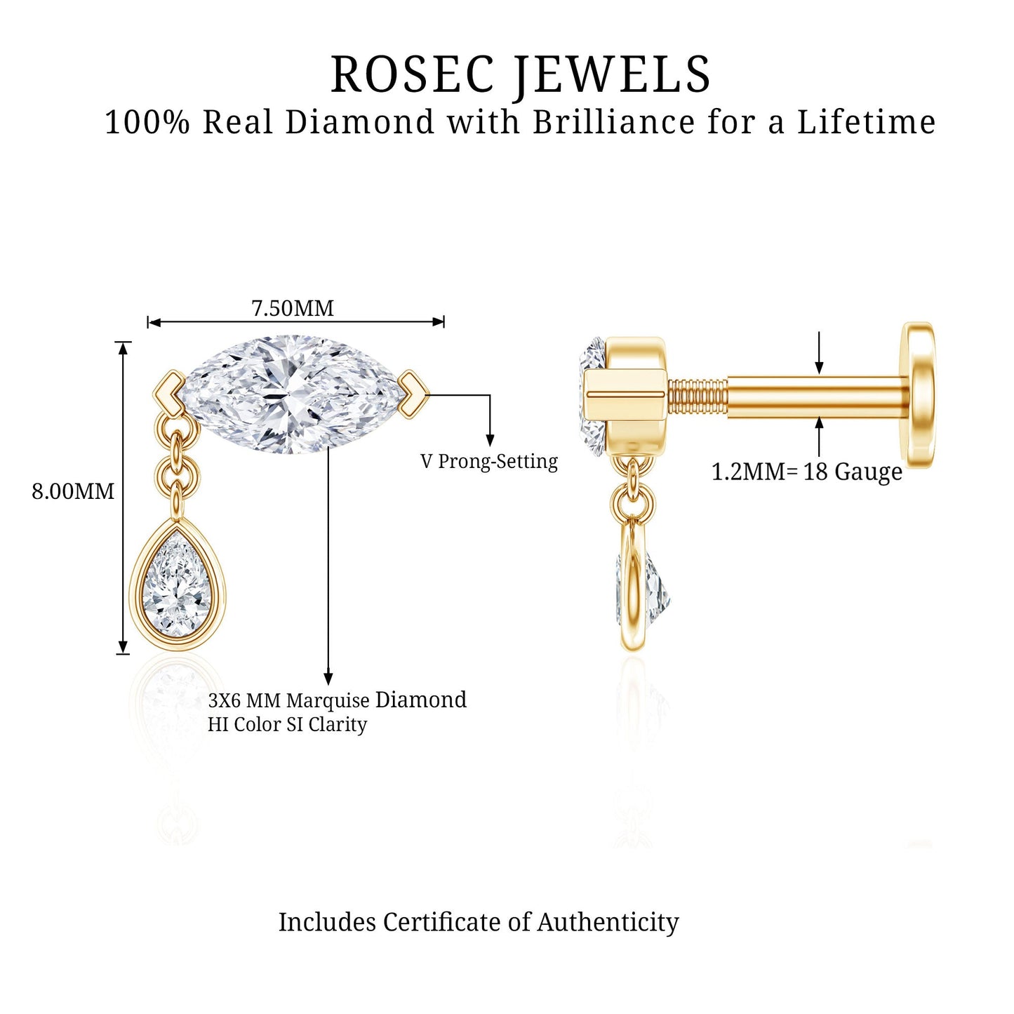 Real Marquise Diamond Cartilage Drop Earring