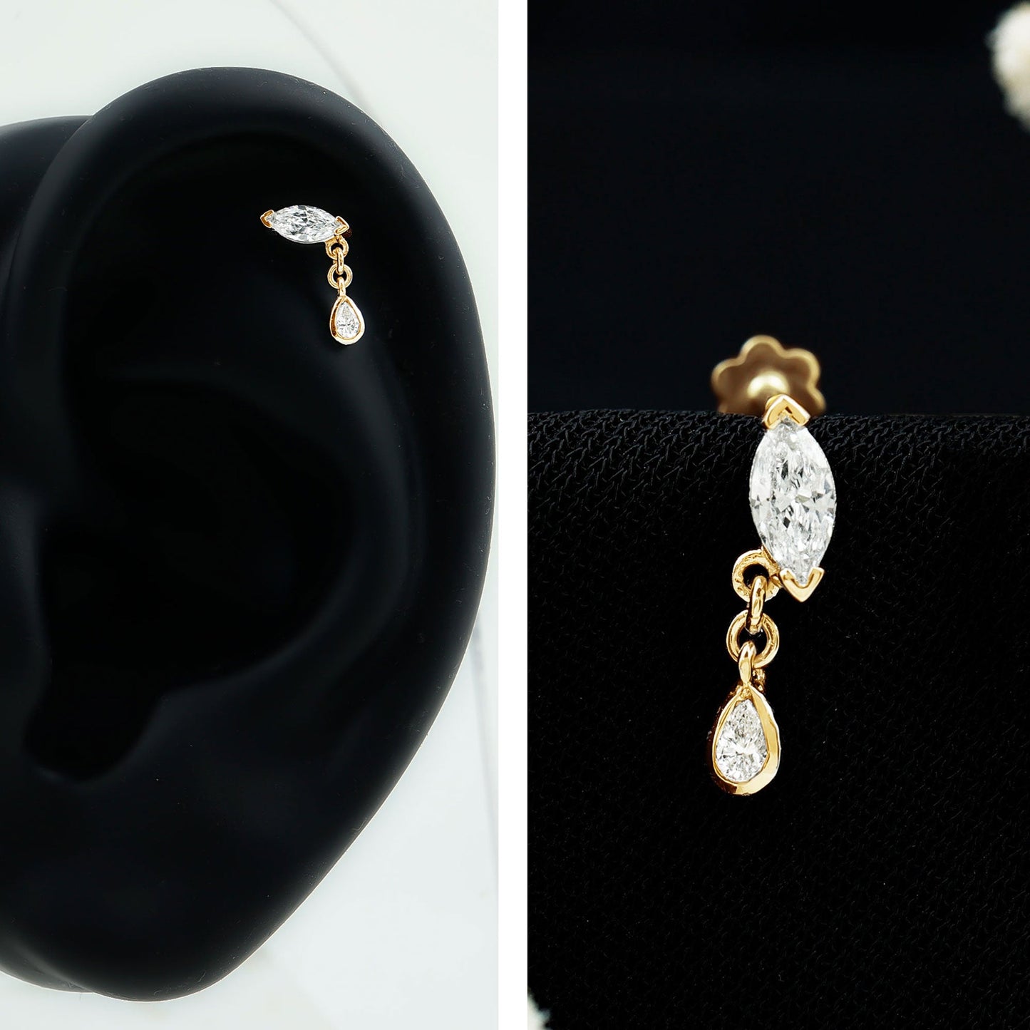 Real Marquise Diamond Cartilage Drop Earring