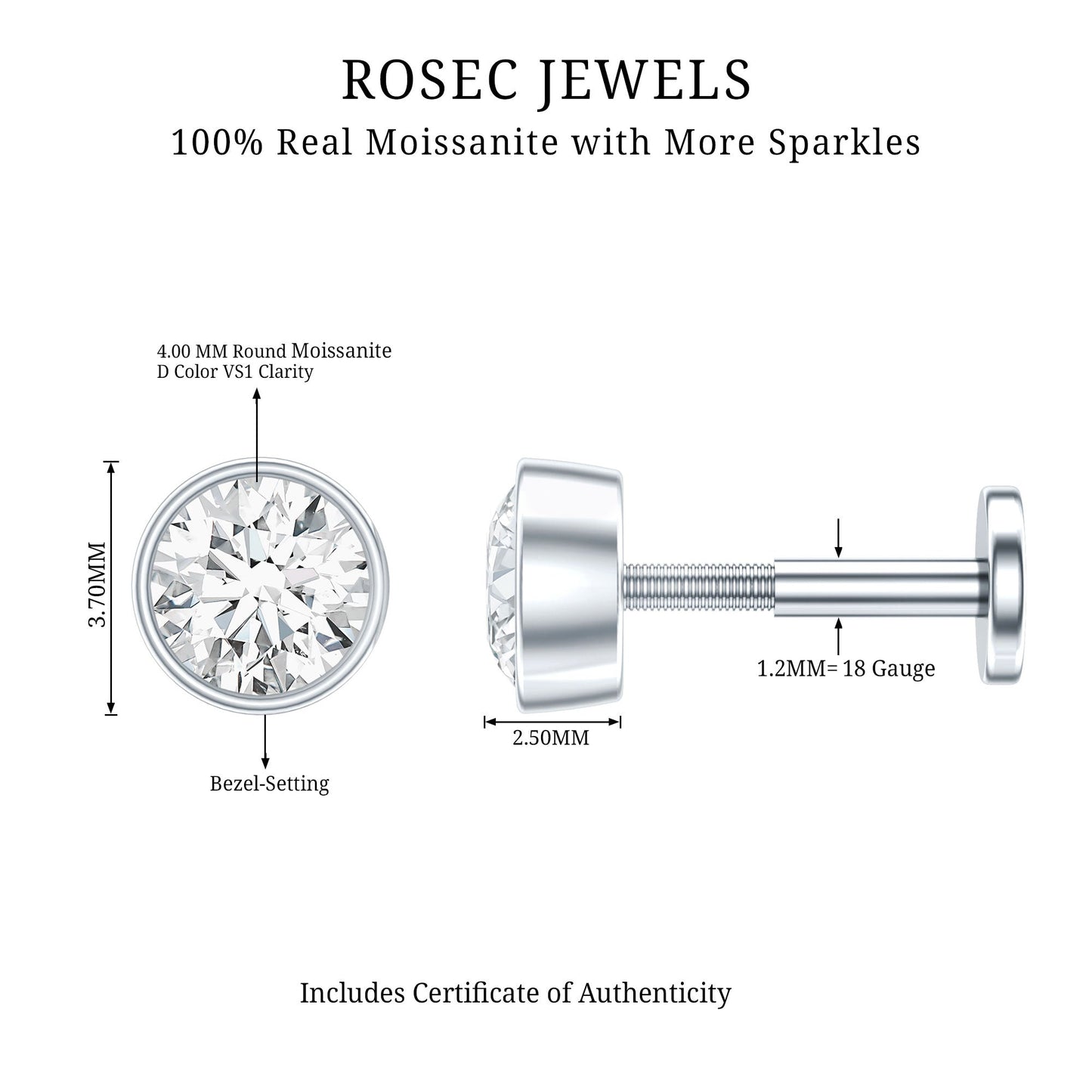 Bezel Set Round Moissanite Earring for Tragus Piercing