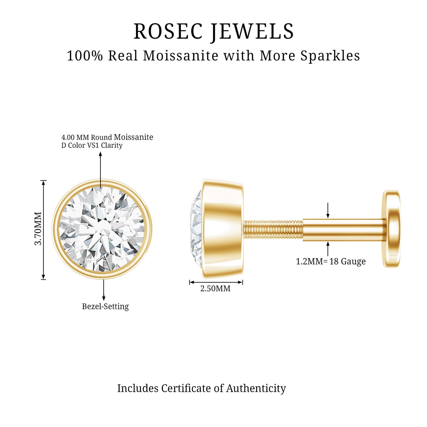 Bezel Set Round Moissanite Earring for Tragus Piercing