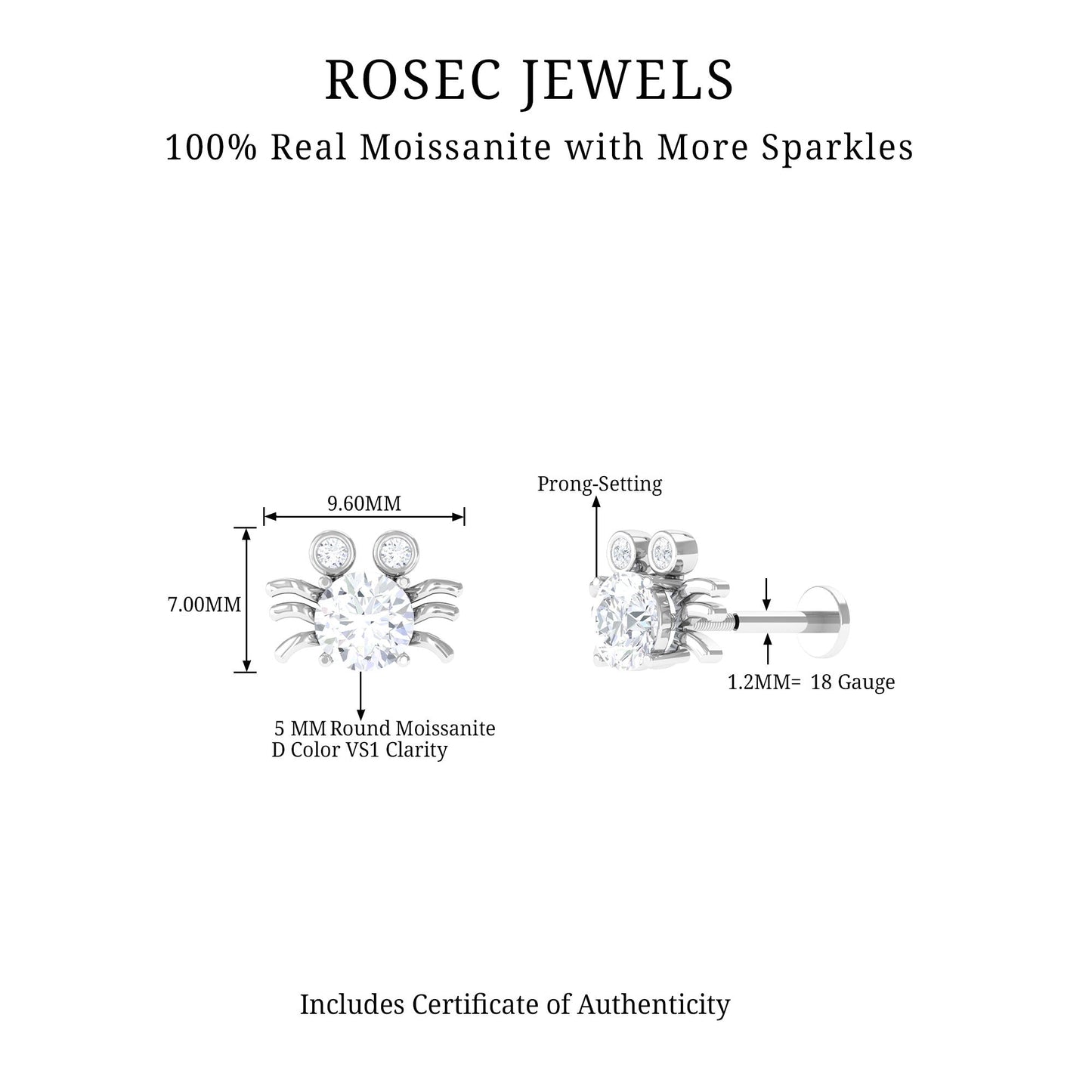 Certified Moissanite Crab Cartilage Earring