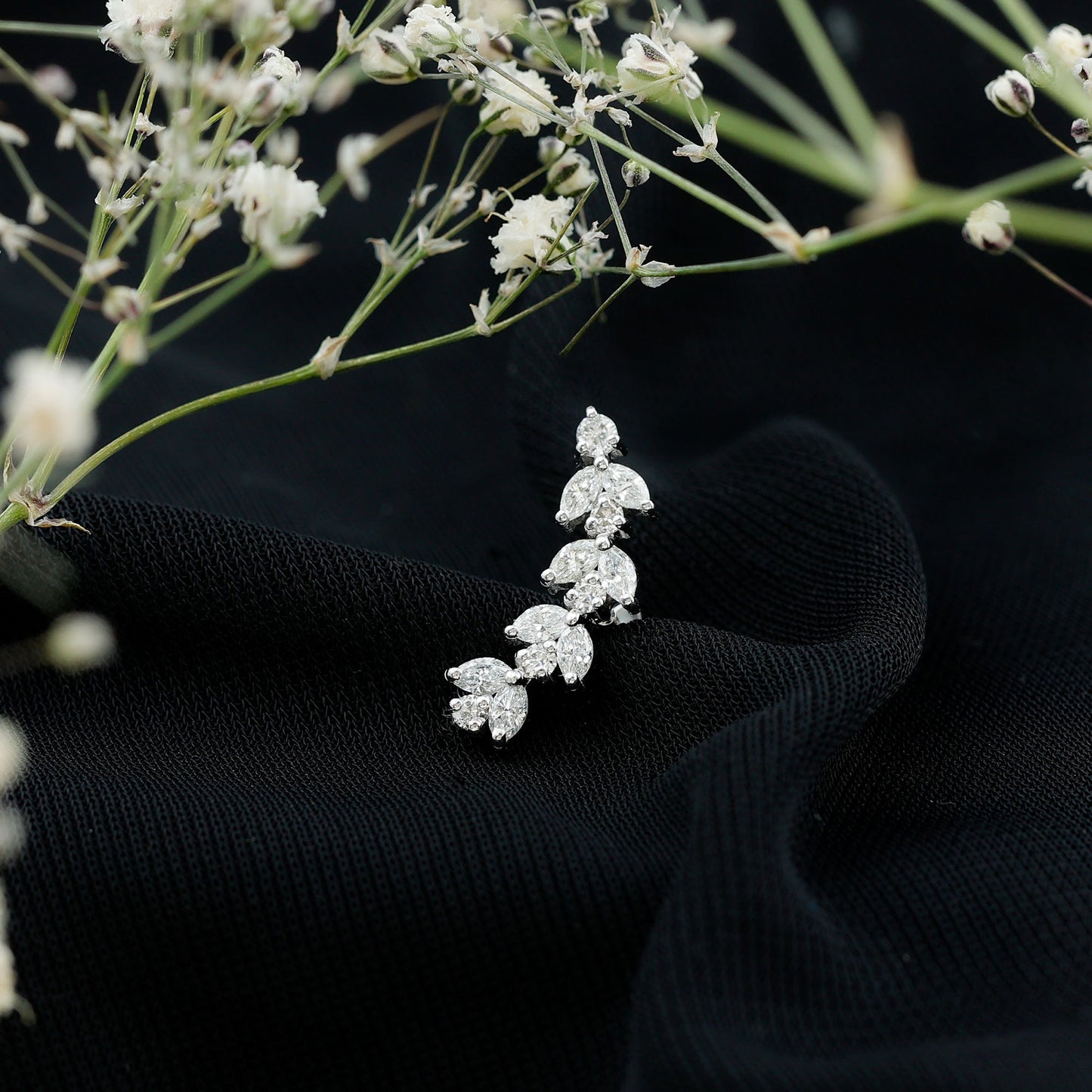 Nature Inspired Diamond Leaf Crawler Helix Earring