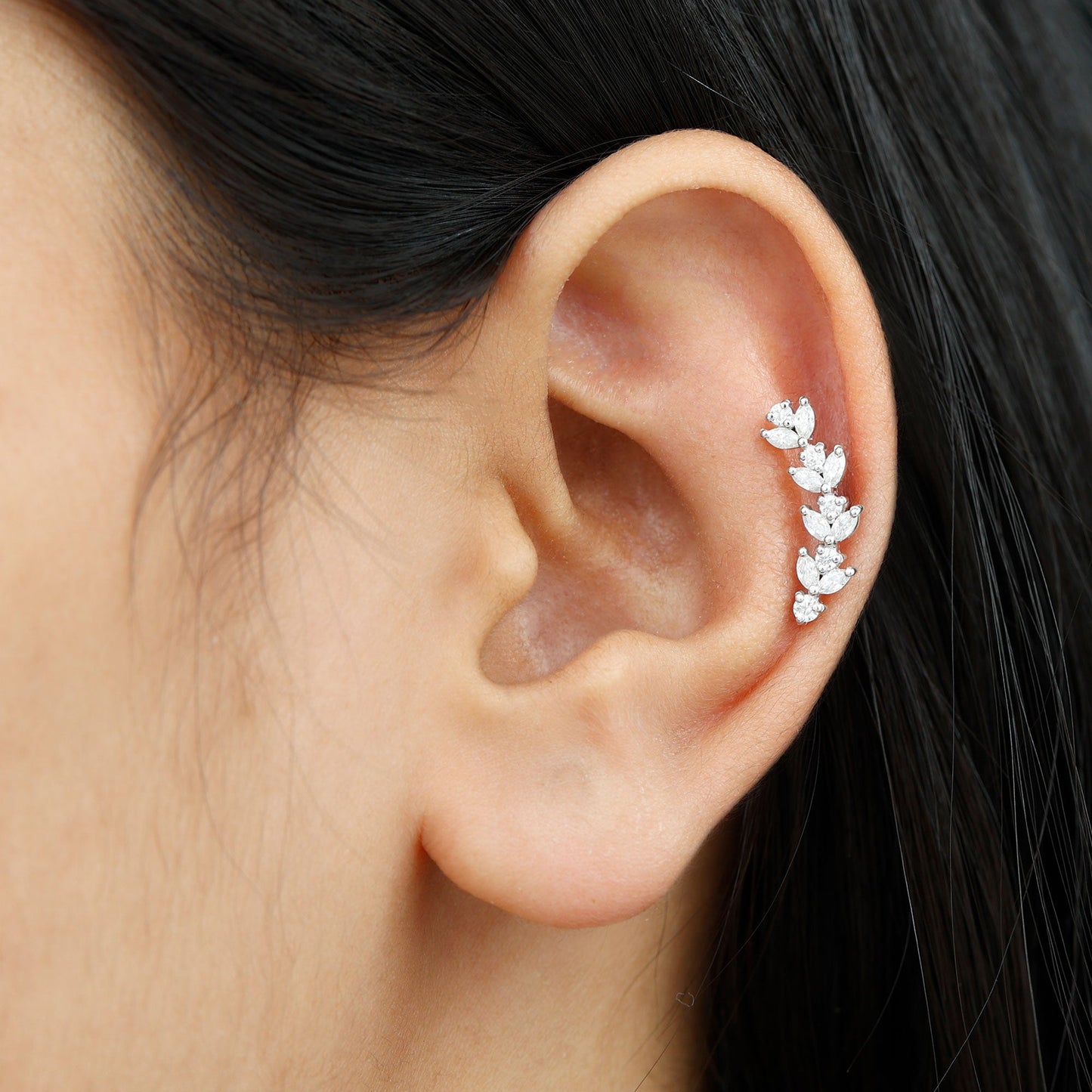 Nature Inspired Diamond Leaf Crawler Helix Earring