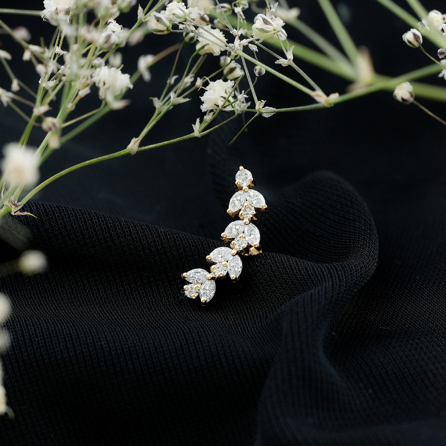 Nature Inspired Diamond Leaf Crawler Helix Earring