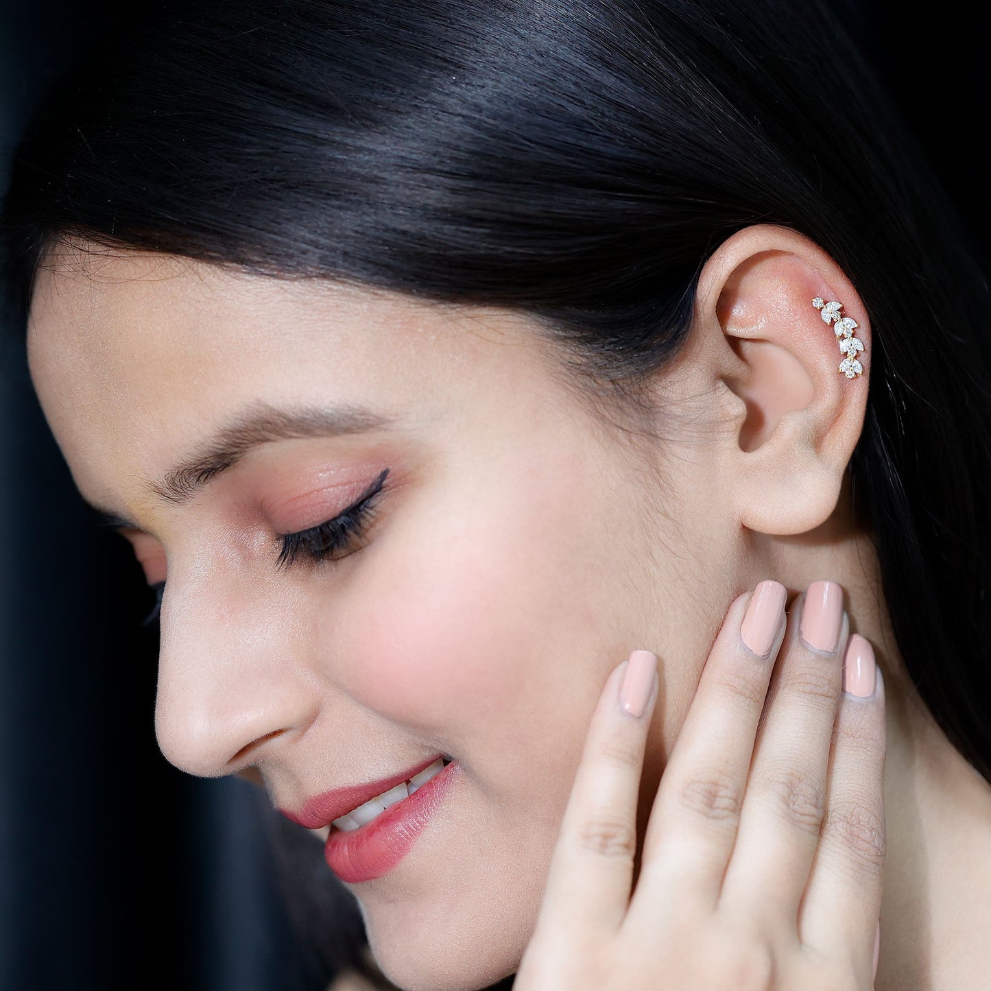 Nature Inspired Diamond Leaf Crawler Helix Earring